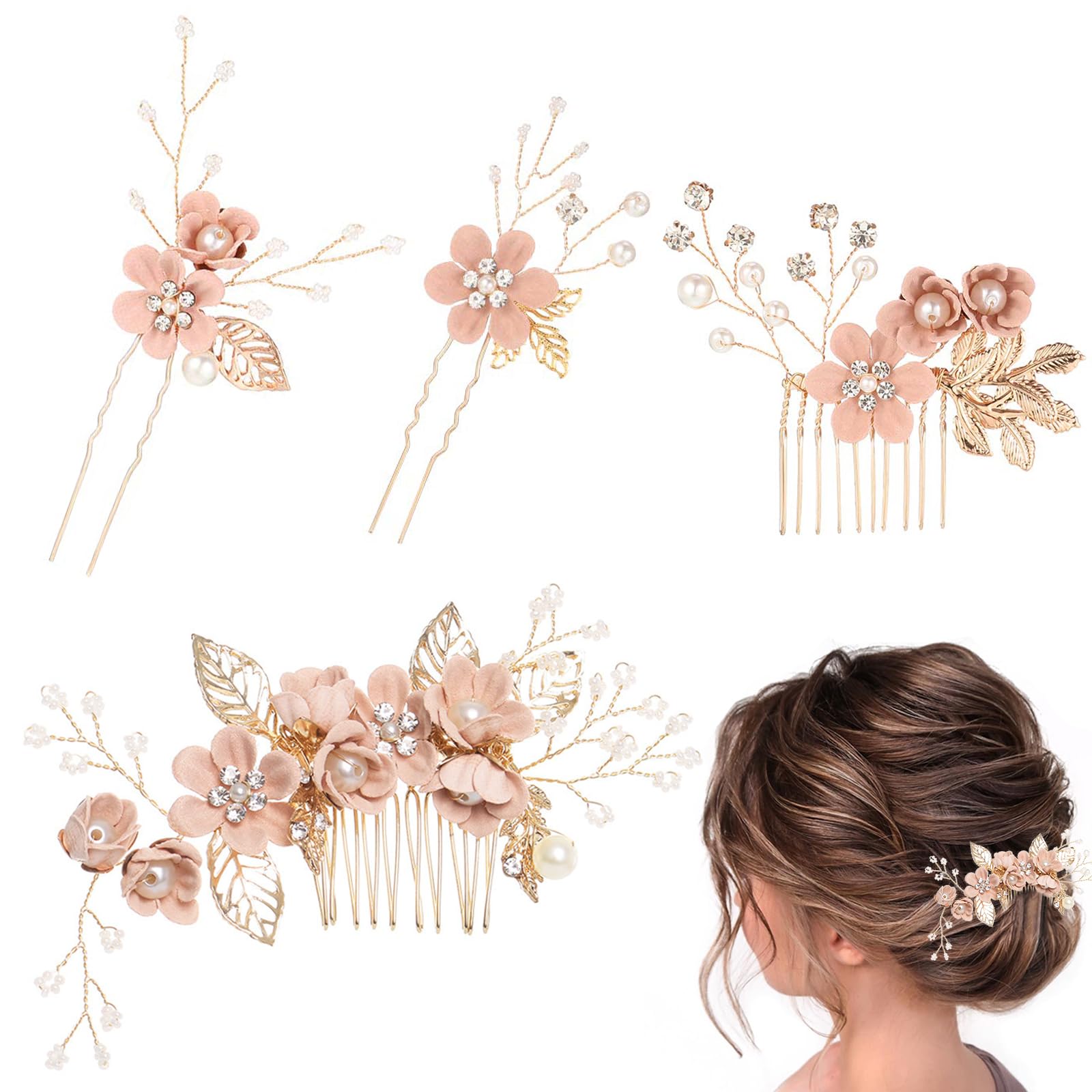 髪飾り 和装髪飾り ヘアアクセサリー ヘアコーム ヘッドドレス パール 花 4点セット 造花飾り 成人式 七五三 披露宴 パーティー 入学式 (Pink)