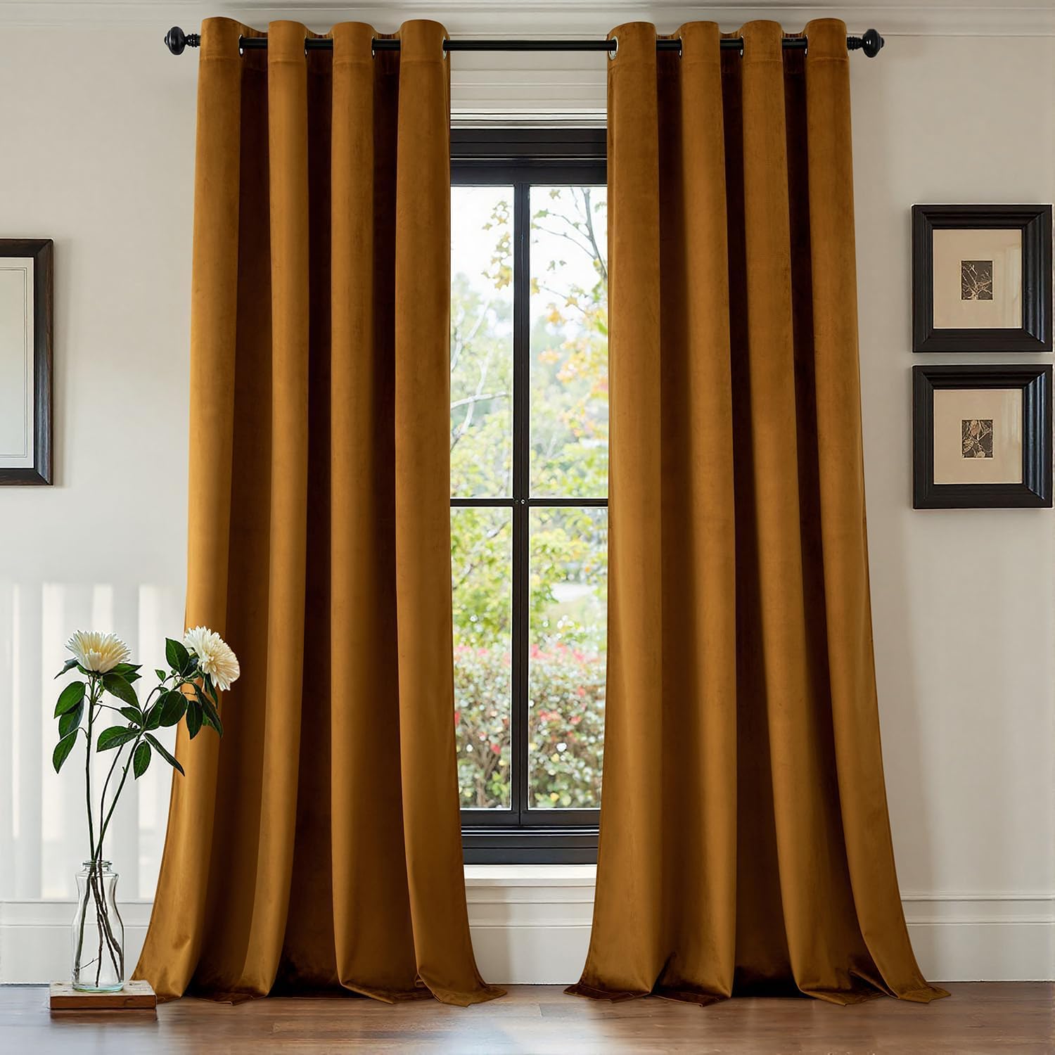 MIULEE Golden Brown Velvet Curtains for Bedroom 2 Panel Set 90 Inch Drop Curtains, Soft Elegent Home Decor Velvet Curtain Living Room, Sun Blocking Room Darkening Thermal Eyelet Curtain 90x90 Inch