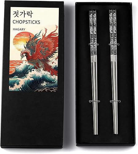 Phoenix Palillos de metal reutilizables, diseñados en Corea, estilo japonés, acero inoxidable 316 1810, antideslizantes, aptos para lavavajillas,