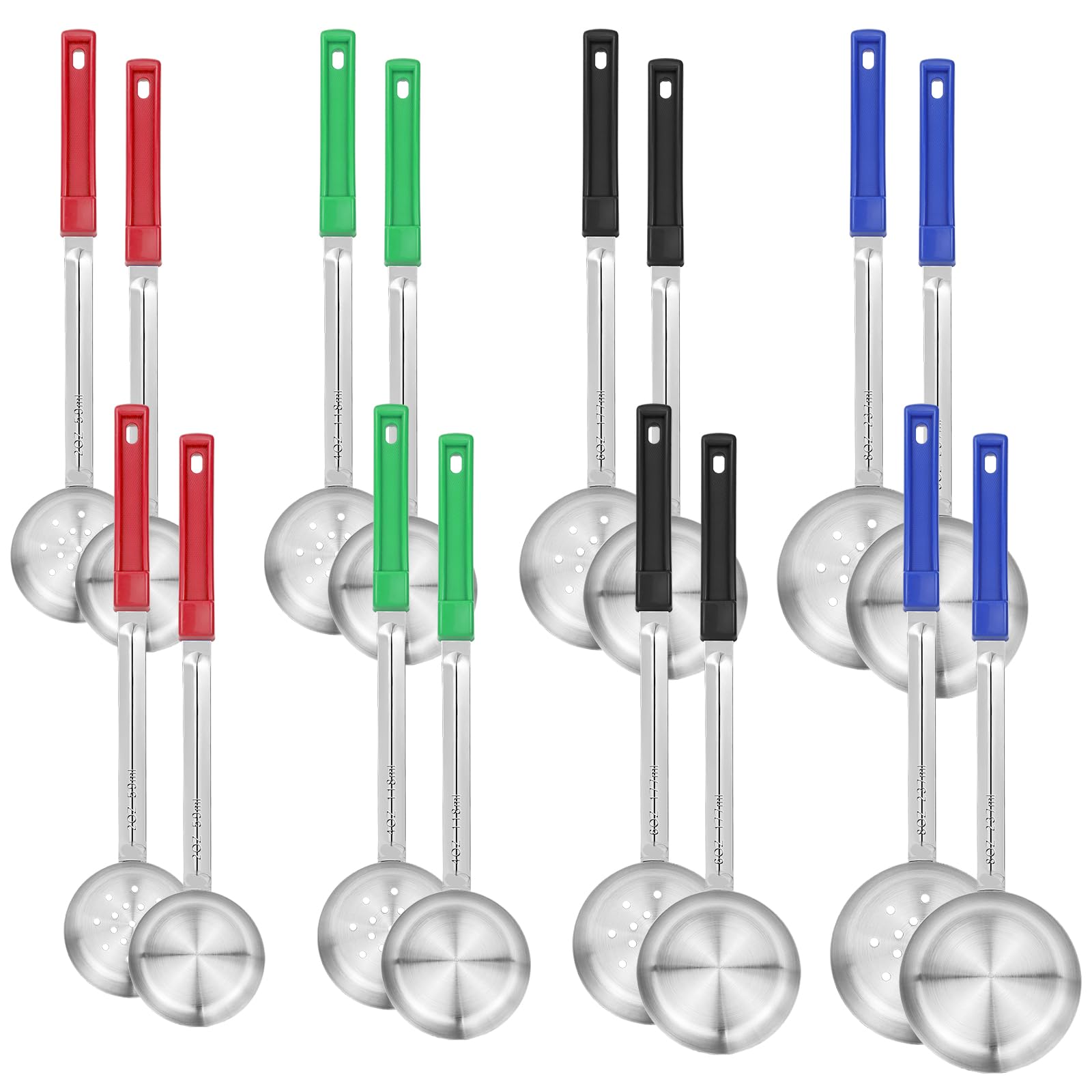 Lot de 16 Louches de Portionnement Inox, 4 Tailles 59-237 ml | 8 Cuillères Pleines et 8 Perforées avec Manches Couleur pour Cantine, Buffet, Traiteur, Restauration et Service