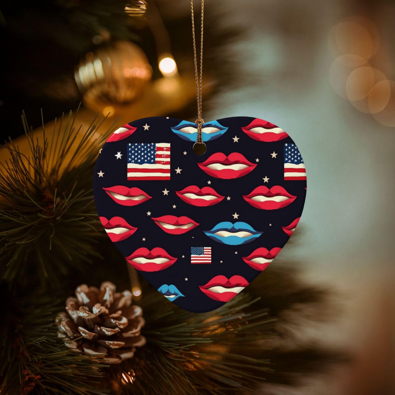 Christmas Tree Ornaments Ceramics Christmas Decorations American Flag Lips Ornaments with Gold Ribbon Porcelain Xmas Tree Crafts Heart Shape Hanging Pendant for Christmas Tree Party Decor
