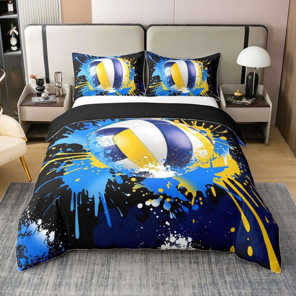 Housse de couette 135x200 volleyball en pur coton jaune et bleu pour lit junior garçon