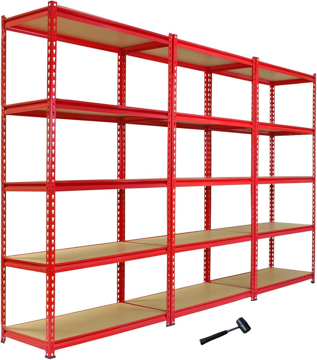Pack of 3 Garage Shelving Unit 5 Tier Heavy Duty Rack for Storage Steel Utility Shelves Metal MDF Boltless Racking Assembly System 183 x 90 x 45cm 5400KG Capacity 360KG Per Shelf Rubber Mallet