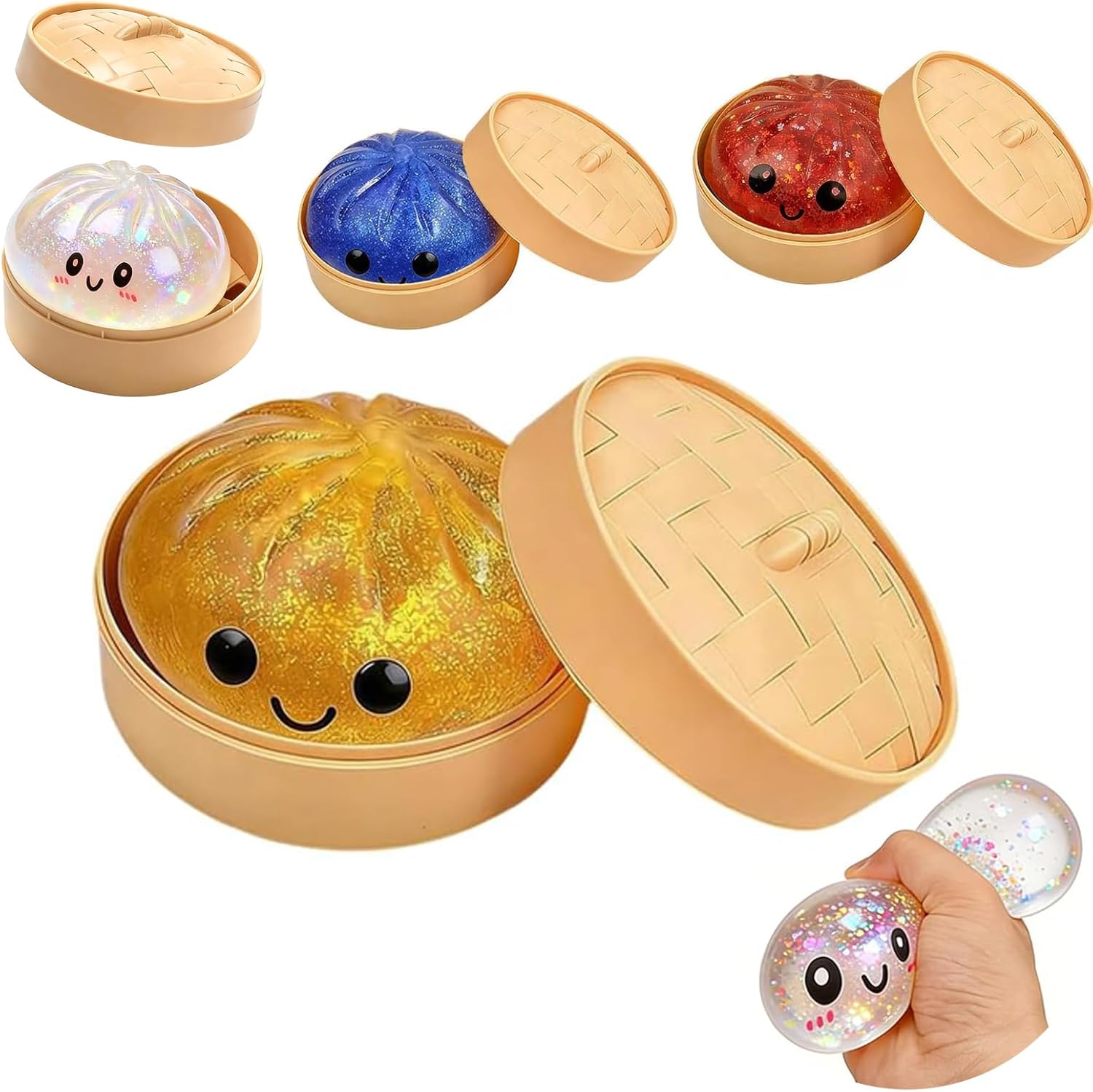 Glitter Dumpling Squishy-Giant Dumpling Squishy Fidget Toy with Steamer Case,Mega Rainbow Slow-Rising Sensory Decompression Toy, Thermoplastic Rubber, Stress Relief for Adults (Gold)