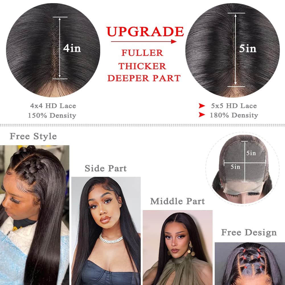 5x5 Closure Wig 180% Density 5x5 HD Lace Closure Wigs Human Hair Straight 32 Inch Transparent Lace Closure Wig for Women 12A Glueless Wigs Human Hair Pre Plucked with Baby Hair Natural Color