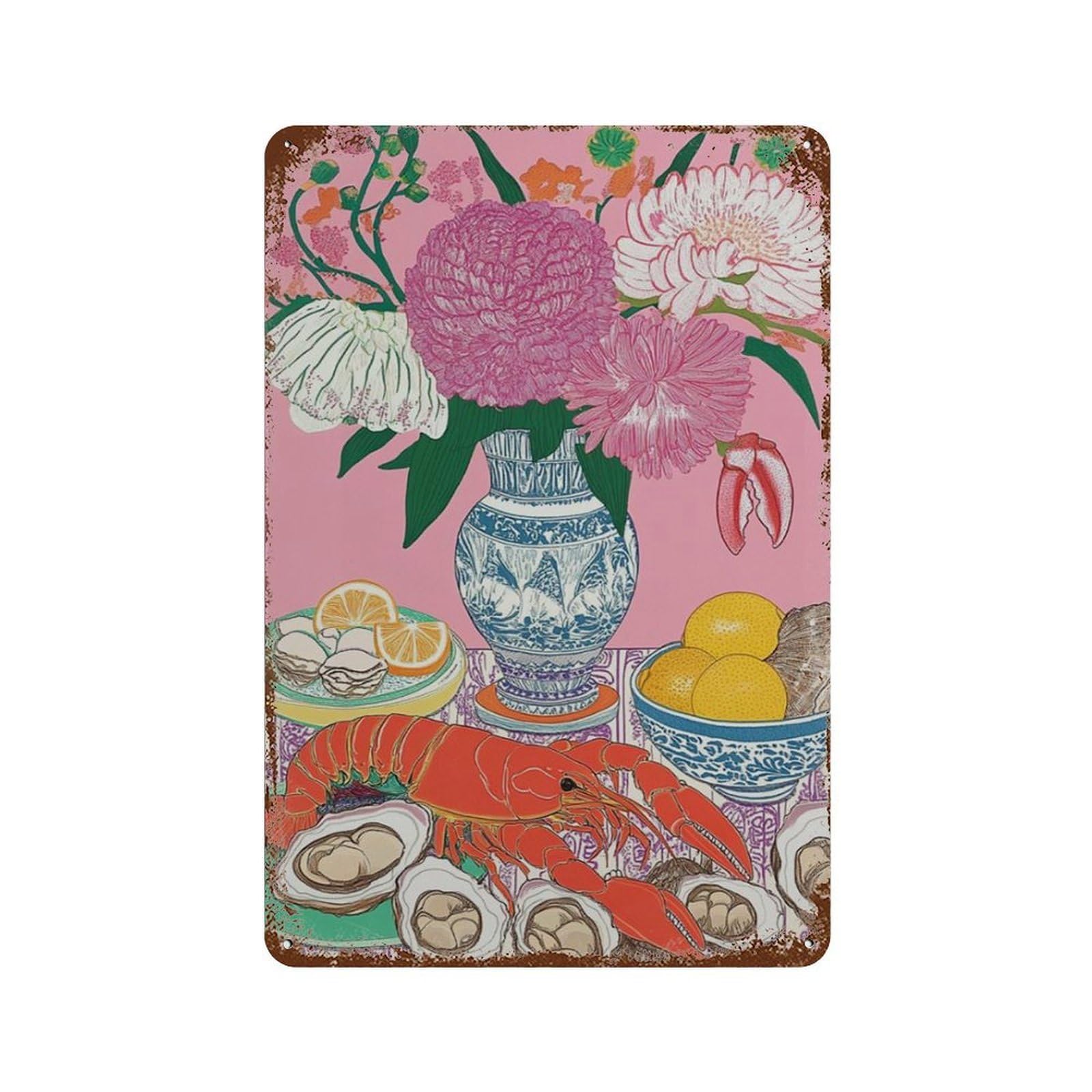 xiaoxiaoshen Lobster Still Life Coastal Kitchen Seafood Oyster Lemon Vibrant Table Scene Wall Decor Art Metal Tin Poster Modern Home Decor Art Home Bar Shop Decorations Vintage Sign 30x20cm