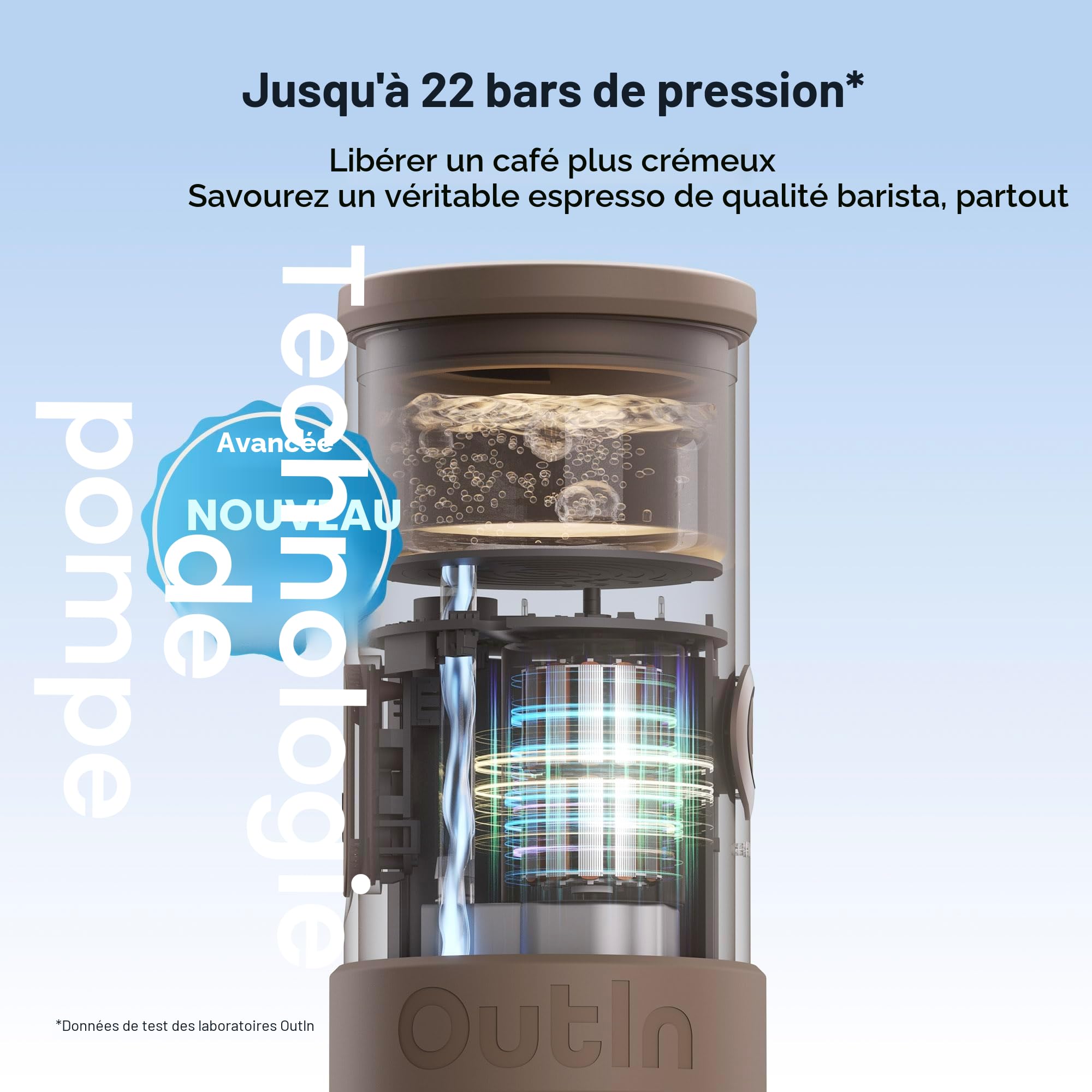 OutIn Mino Machine à Expresso Électrique Portable, Mini Cafetière de Camping de Voyage, Machine à Café Format Poche Auto-Chauffante, Compatible Café Moulu & Adaptateur Capsule NS pour Aventure