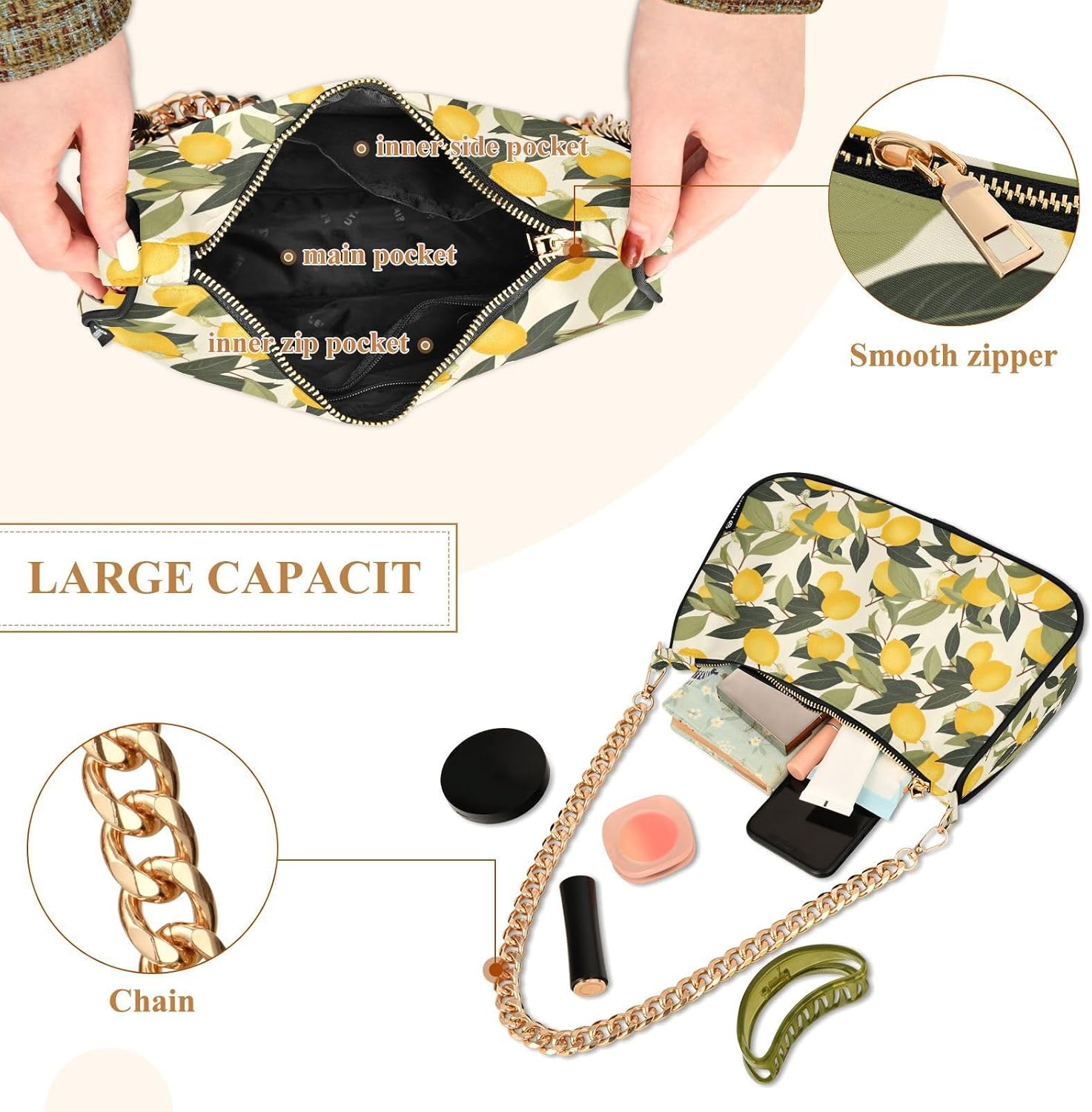 Hobo Bags for Women Lemon Leaves Tote Purses Small Handbags with Chain 20849865