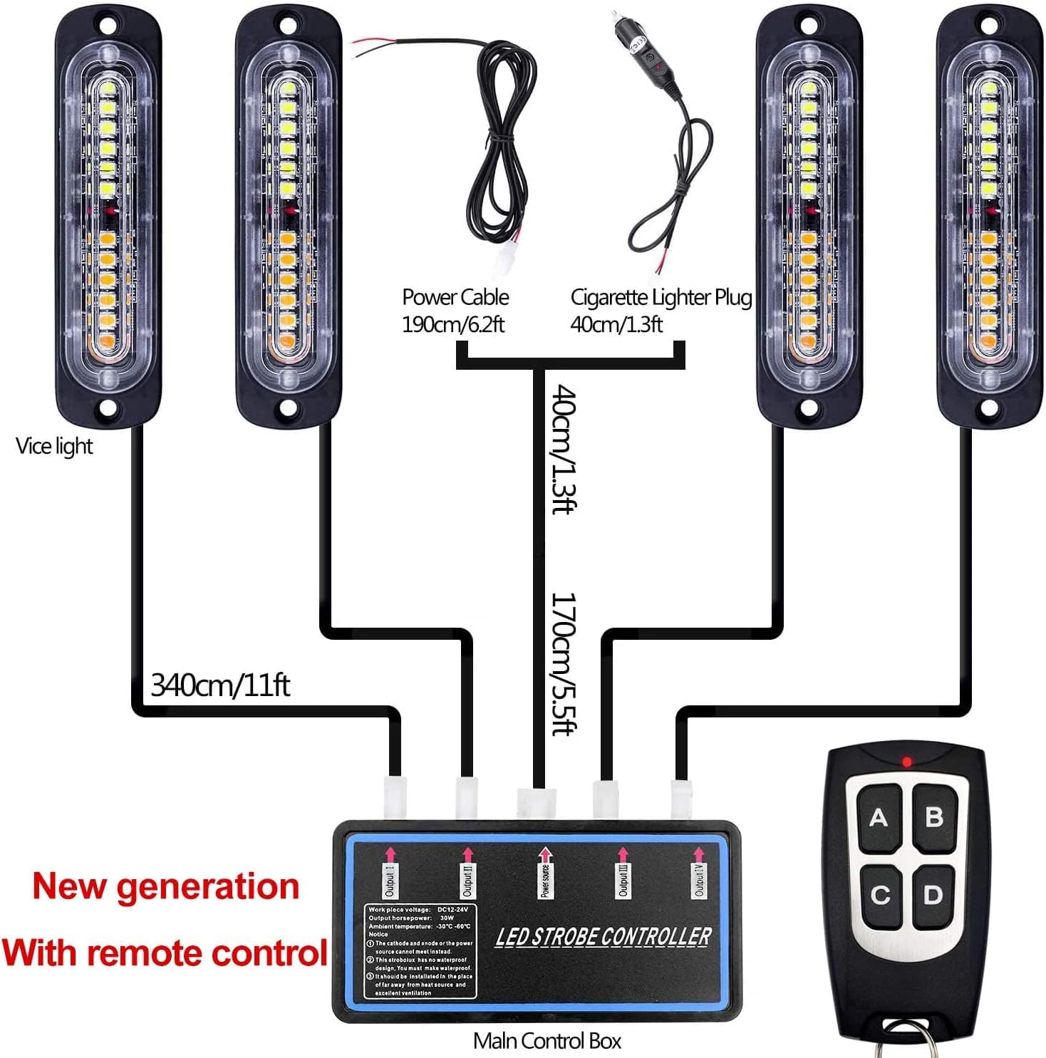 Luces de advertencia LED, 4 piezas de advertencia de emergencia, precaución, peligro, construcción, función de sincronización ultra delgada, para coche, camión, con caja de control principal