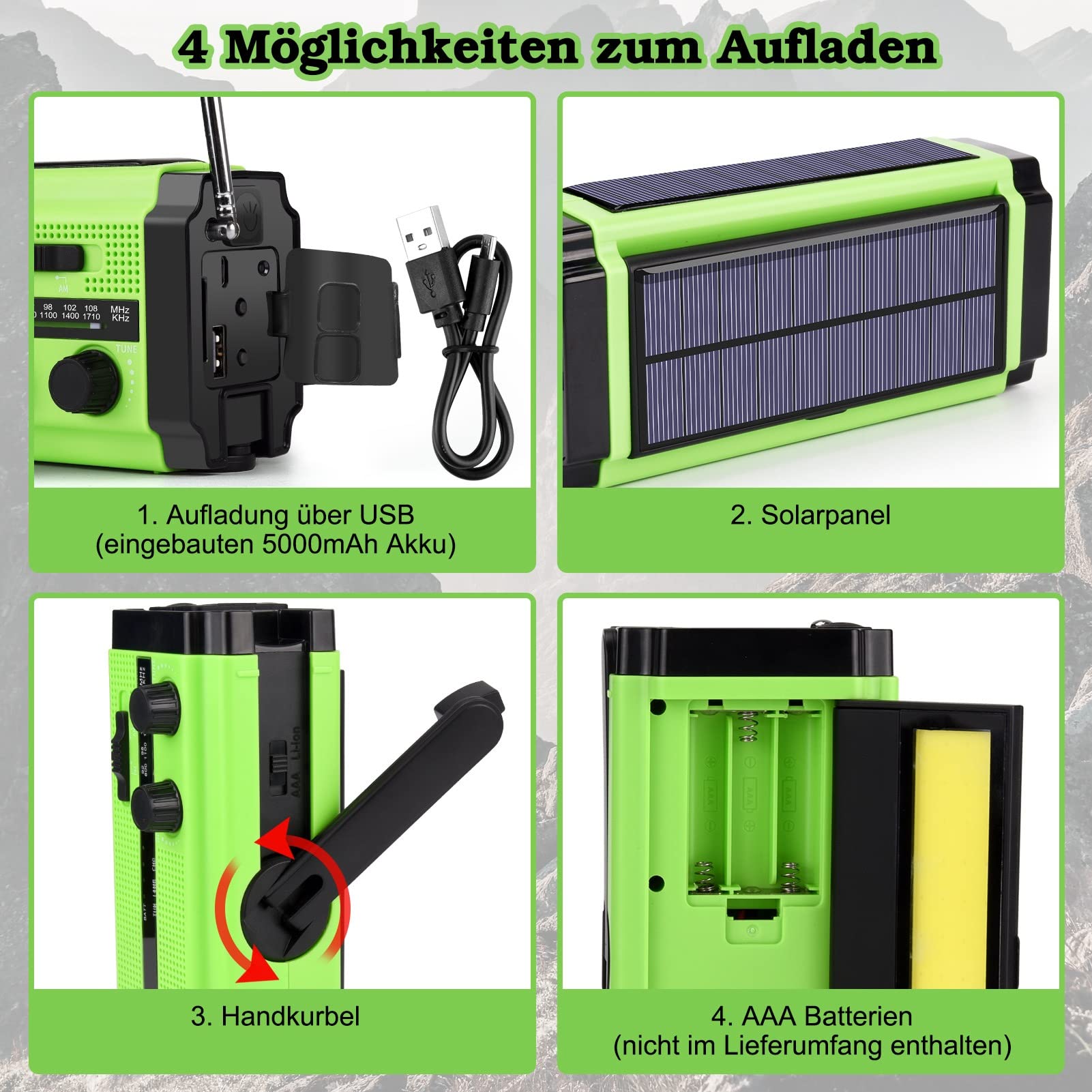 Radio Solar, Radio Portátil con Manivela y Dinamo Am/FM, Batería Recargable Incorporada de 5000mAh, 3 Modos de Linterna LED, Lámpara de Lectura LED, Alarma SOS para Emergencias, Outdoor (Verde)