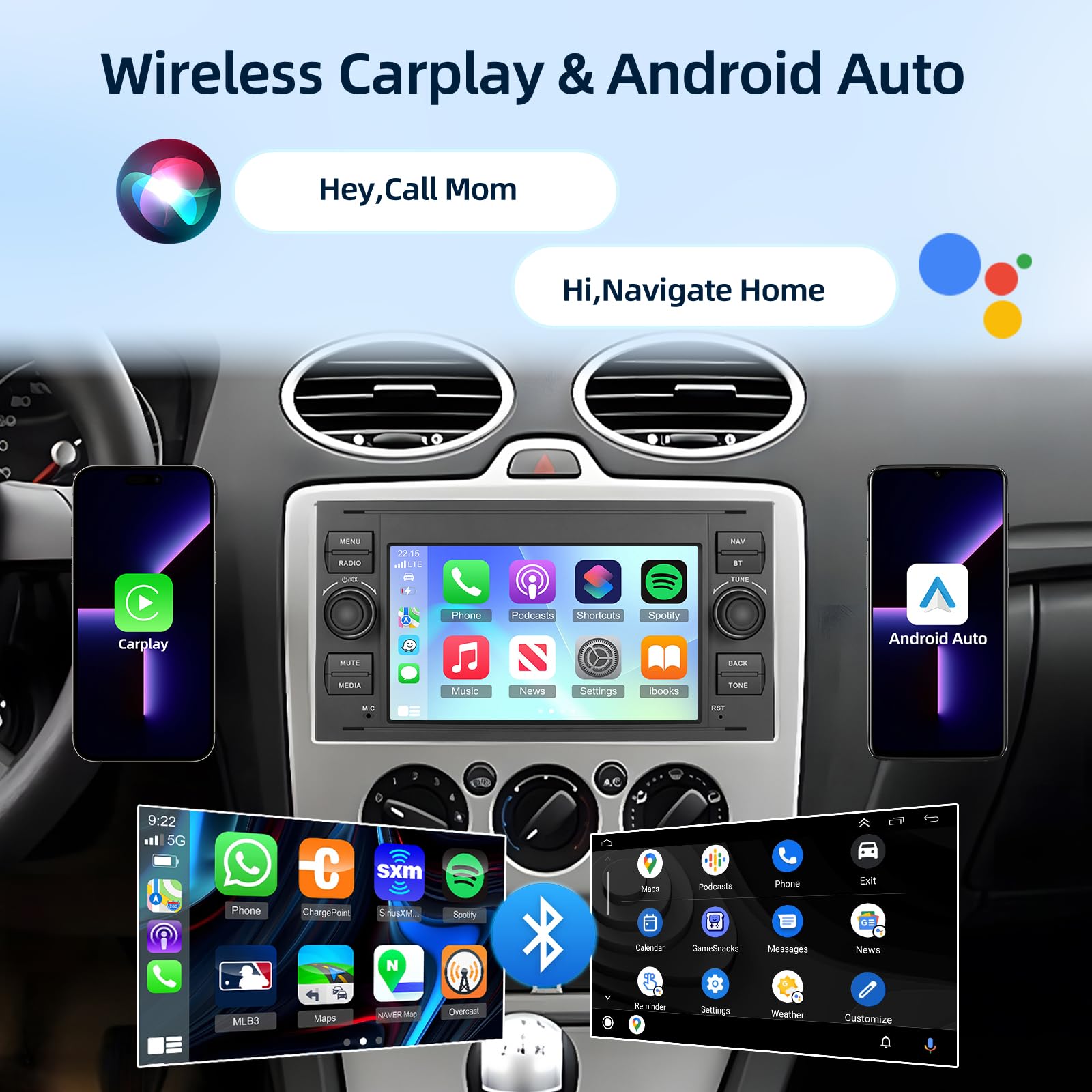 Android-Autoradio für Ford Transit Fiesta Focus Galaxy Mondeo Fusion Kuga C-Max S-Max Wireless Carplay & Android Auto, [4+64G] Autoradio mit GPS, WLAN, 32EQ, Bluetooth 5.0, FM/RDS-Radio