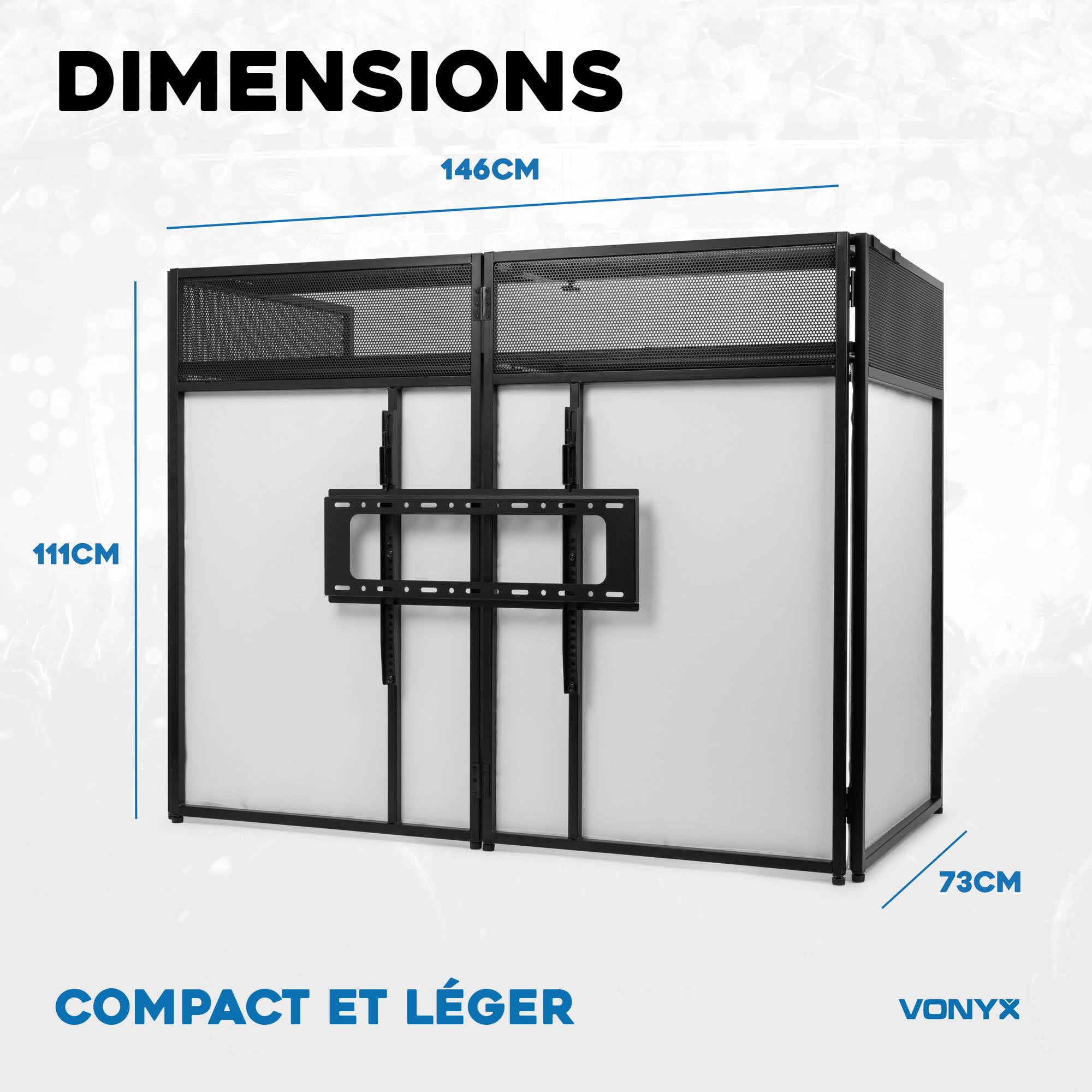 VONYX DB6 Pro Cabine DJ avec Support TV - Jusqu'à 25 Kg, Écran 65'', Lycra Blanc ou Noir Inclus, Sac de Transport, Un Système Complet et Idéal pour Les DJs Professionnels, DJs Mobiles