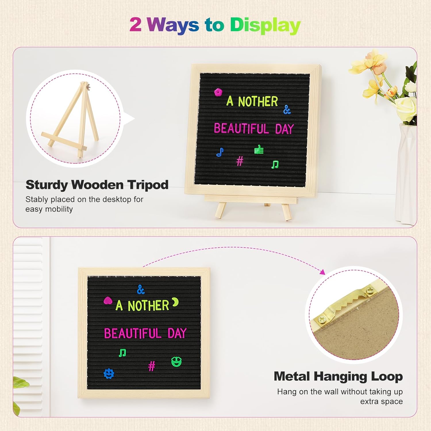 Lewondr Felt Letter Board, 10''×10'' Wooden Letter Board Sign with 680 Colored Fluorescence Letters, Changeable Message Sign with Stand for Baby Announcements, First School Day and Home Decor