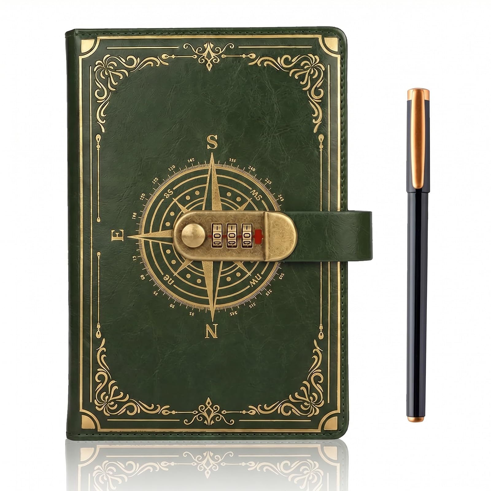 A5 Journal With Lock, Vintage Leather Compass Diary, 200 Pages Lined Paper Notebook With Pen, Secret Diary With Combination Password, Locked Journal for Men Women, Study, Travel Writing (Green)