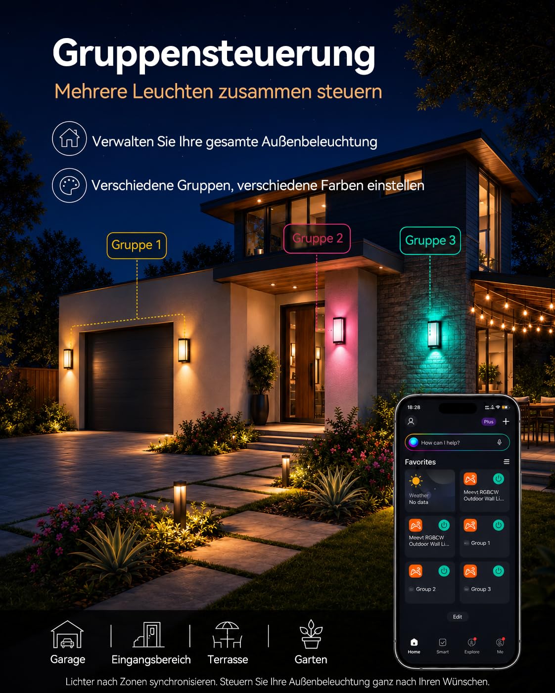 Meevt Aussenlampe Wand RGBCW, 1800LM LED Wandleuchte Aussen, 1 Stück