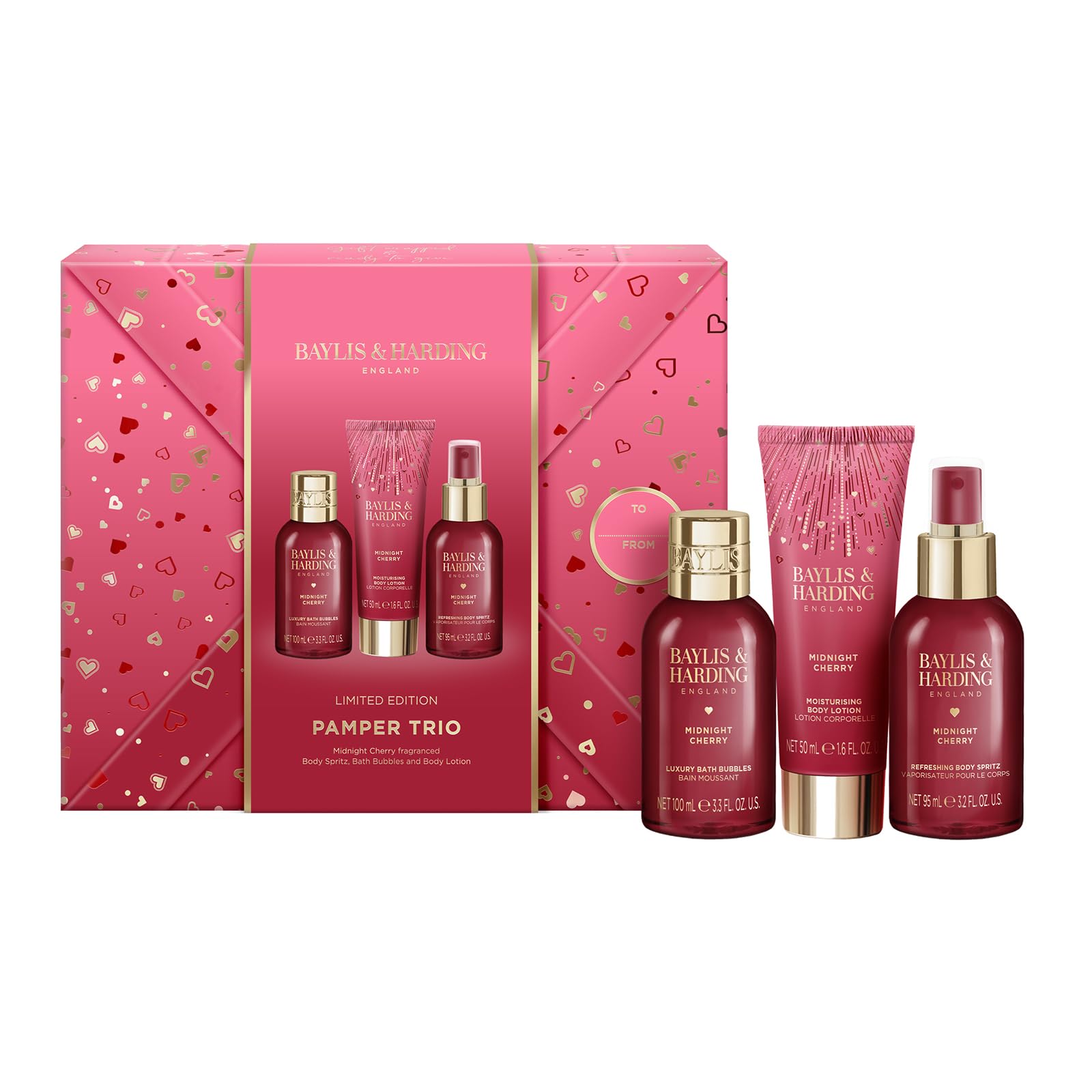 Baylis & Harding Midnight Cherry Gift Wrapped Pamper Trio Gift Set - Vegan Friendly, 245ml