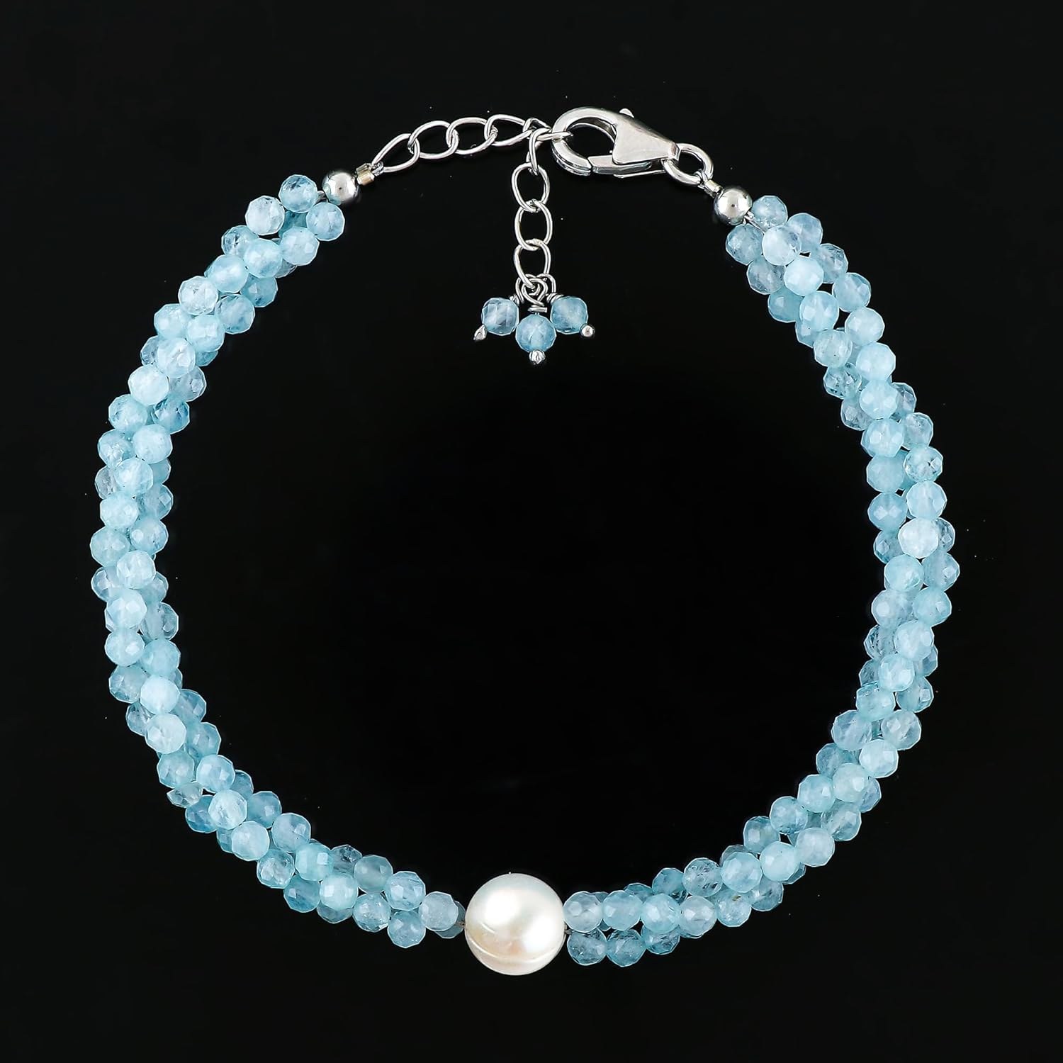 CRYSTALIS Natural Sea Aquamarine Beads Twisted Rope Bracelet with Elegant Pearl, High Grade Gemstones, Chakra Healing Stones, Gift Giving Womens Jewelry, 925 Sterling Silver Bracelet 8 inch - Image 2