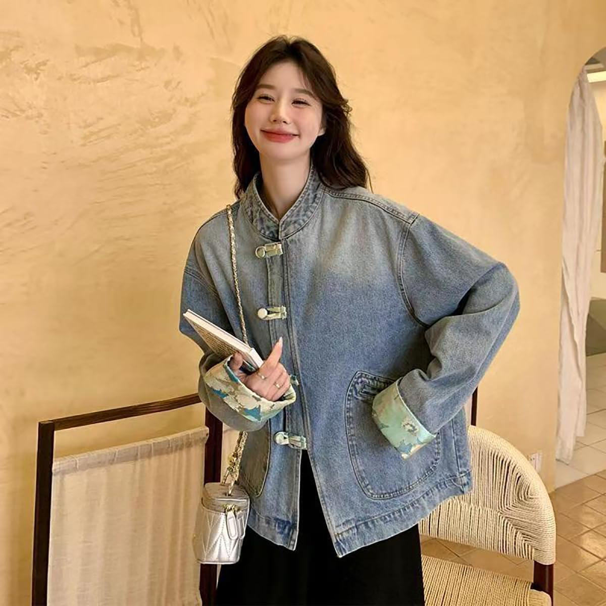 NCDUANSAN New Chinese button women's denim jacket, niche spliced long sleeved top, casual and fashionable design hip-hop - Image 2
