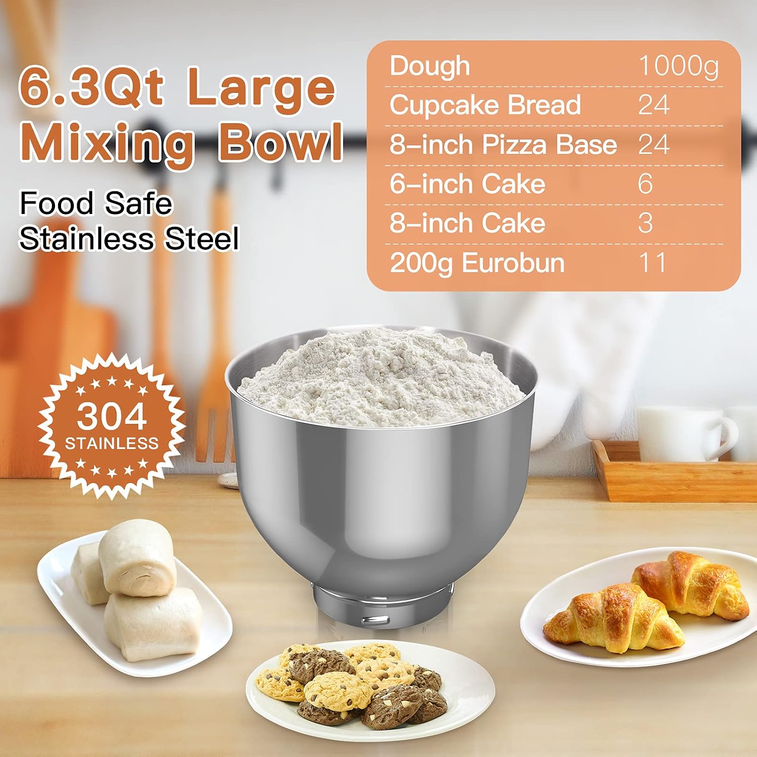 Kitchen Electric Stand Mixer, JEAHII 700W 6-Speed Tilt-Head Food Mixer with 6.3-QT Bowl, Cake Standing Mixer with Dough Hook, Flat Beater & Whisk, Anti-Splash Guard