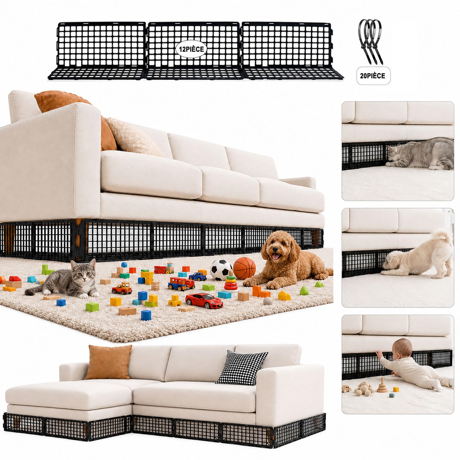 12 Pièces Bloqueurs de Jouets sous Canapé pour Animaux, Réglable Bloqueur sous Lit & Sofa, Barrière Plastique pour Interstice, Protection Meuble avec 20 Attaches