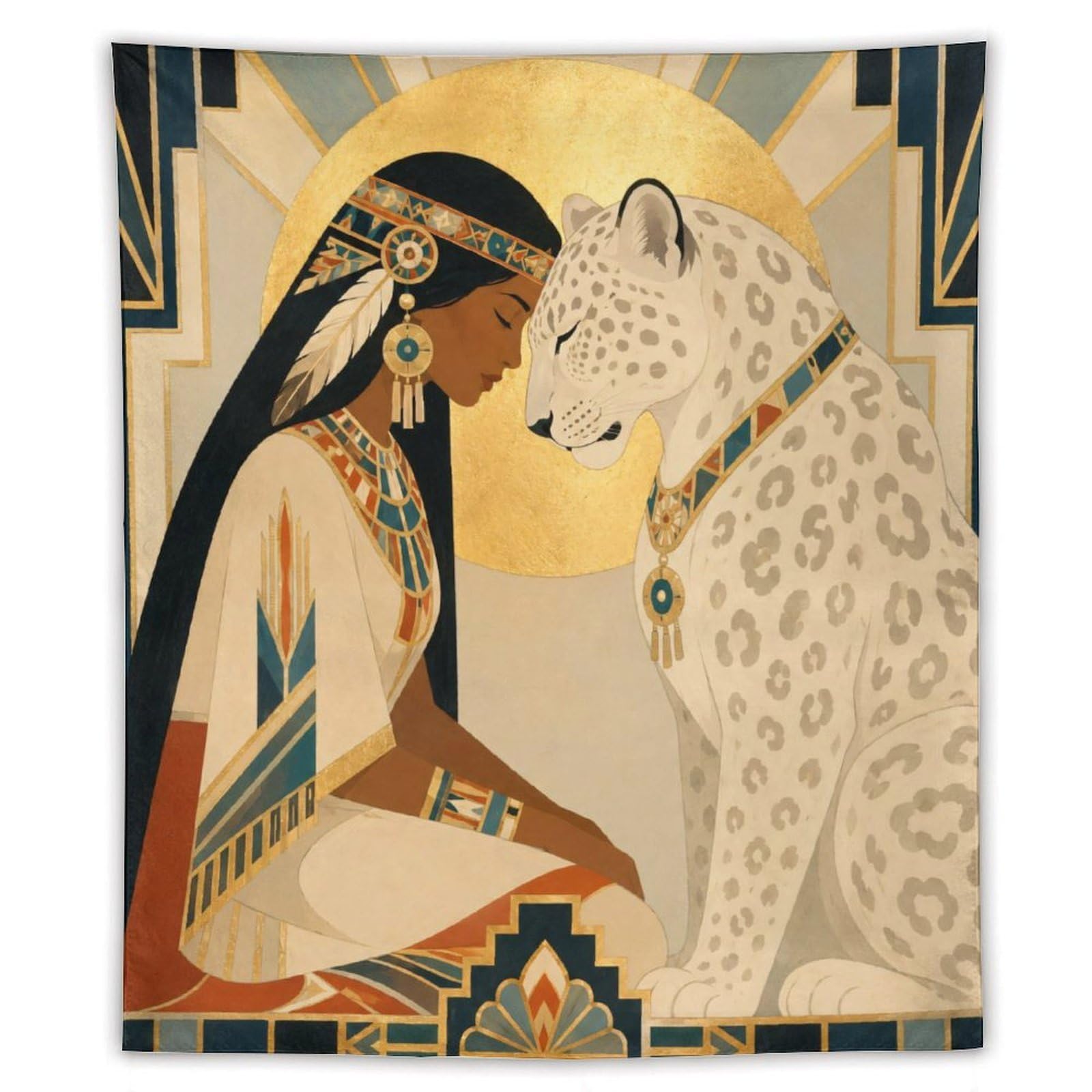 W7C8U2X3 Woman and White Leopard Wall Tapestry, Geometric Art Style