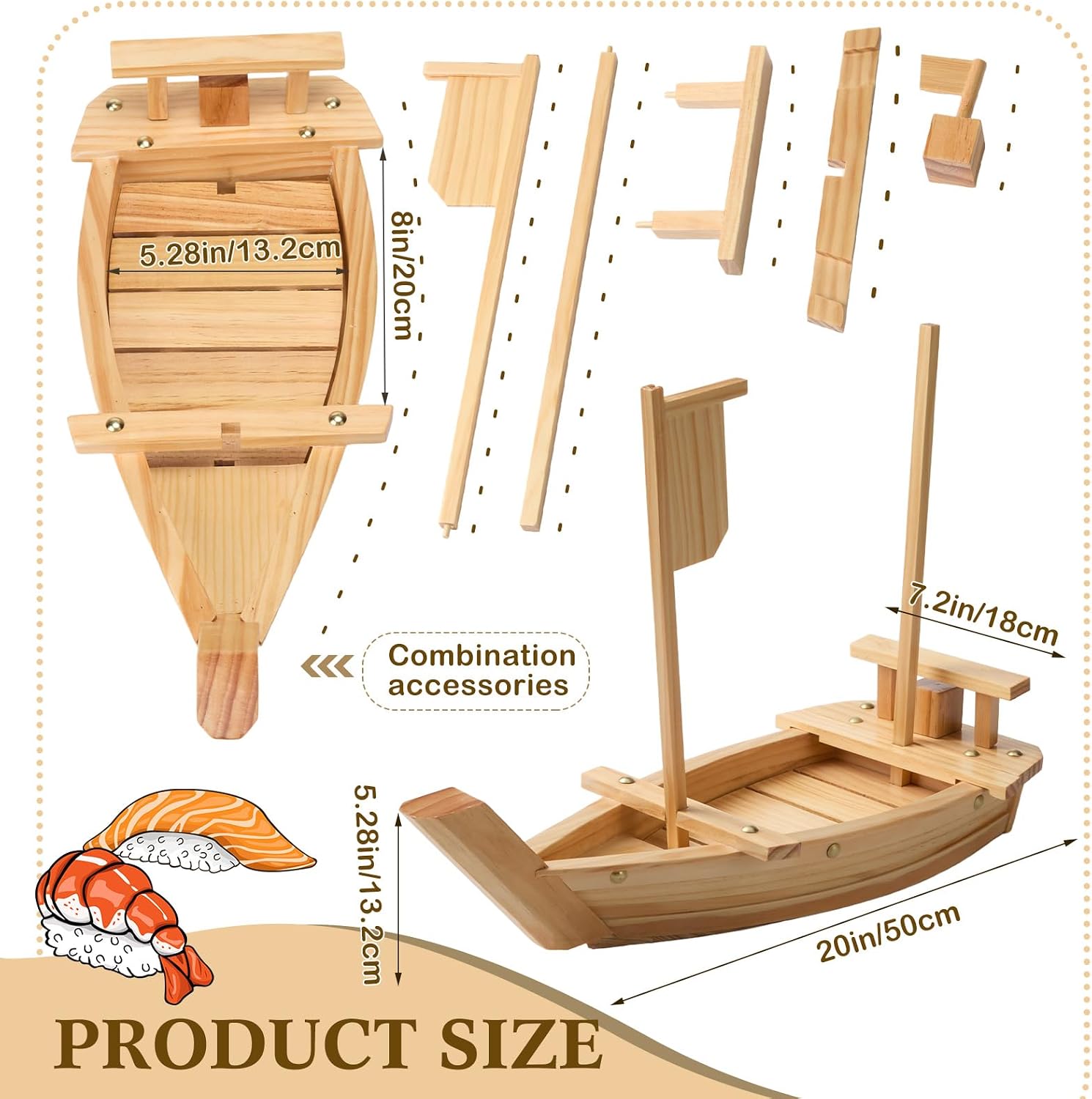 Marsui 2 Pack 20" Wooden Sushi Boat Serving Tray Large Pine Wood Sushi Plate for Restaurant Home Catering Leak-proof Boat Plate for Sashimi Dessert Appetizer Party