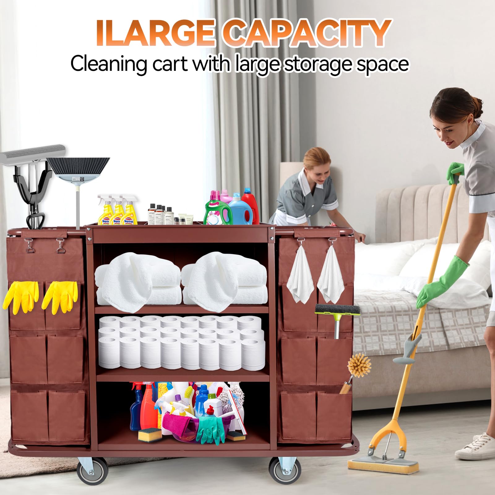 EBANKU Carrello multifunzionale per hotel, carrello per pulizie commerciali e carrello per pulizie con sacco capiente e ruote