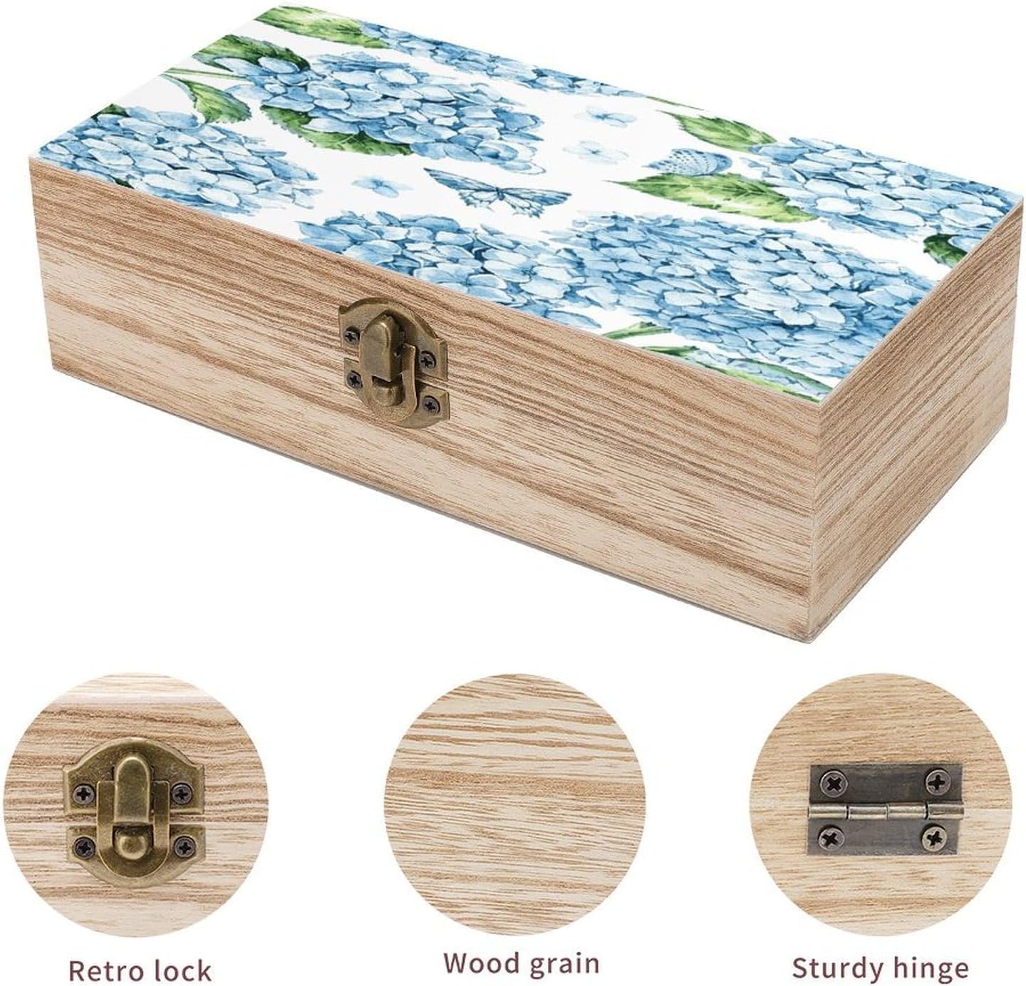 Blue Floral Hydrangea Vintage Wooden Storage Box with Hinged Lid Natural Wood Keepsake Box for Jewelry, Crafts & Gifts Rustic Memory Box Organizer for Home Decor, Rings, Trinkets image 3
