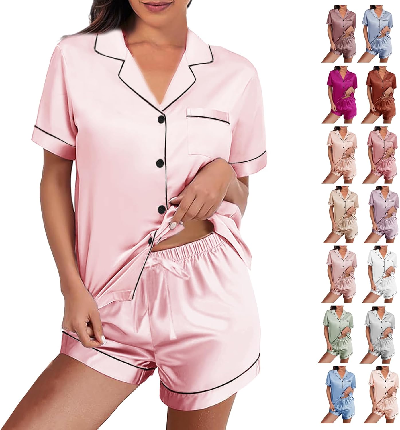 Womens Silk Satin Pajamas Loungewear Two-Piece Sleepwear Button-Down Floral Pj Set XS-4XL