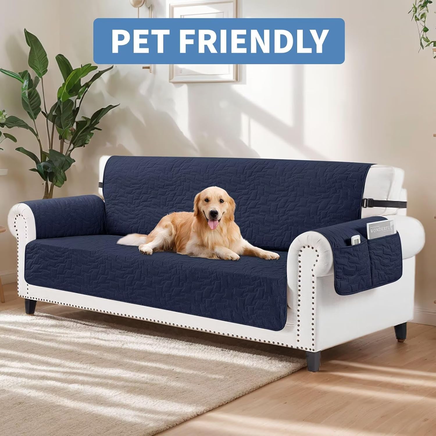 CUCRAF Non Slip Quilted Sofa Cover, Water Resistant Slipcover Furniture Protector for 1 Cushion Sofa Pet Friendly, Washable Couch Cover with Adjustable Elastic Straps (Medium Recliner, Navy Blue)