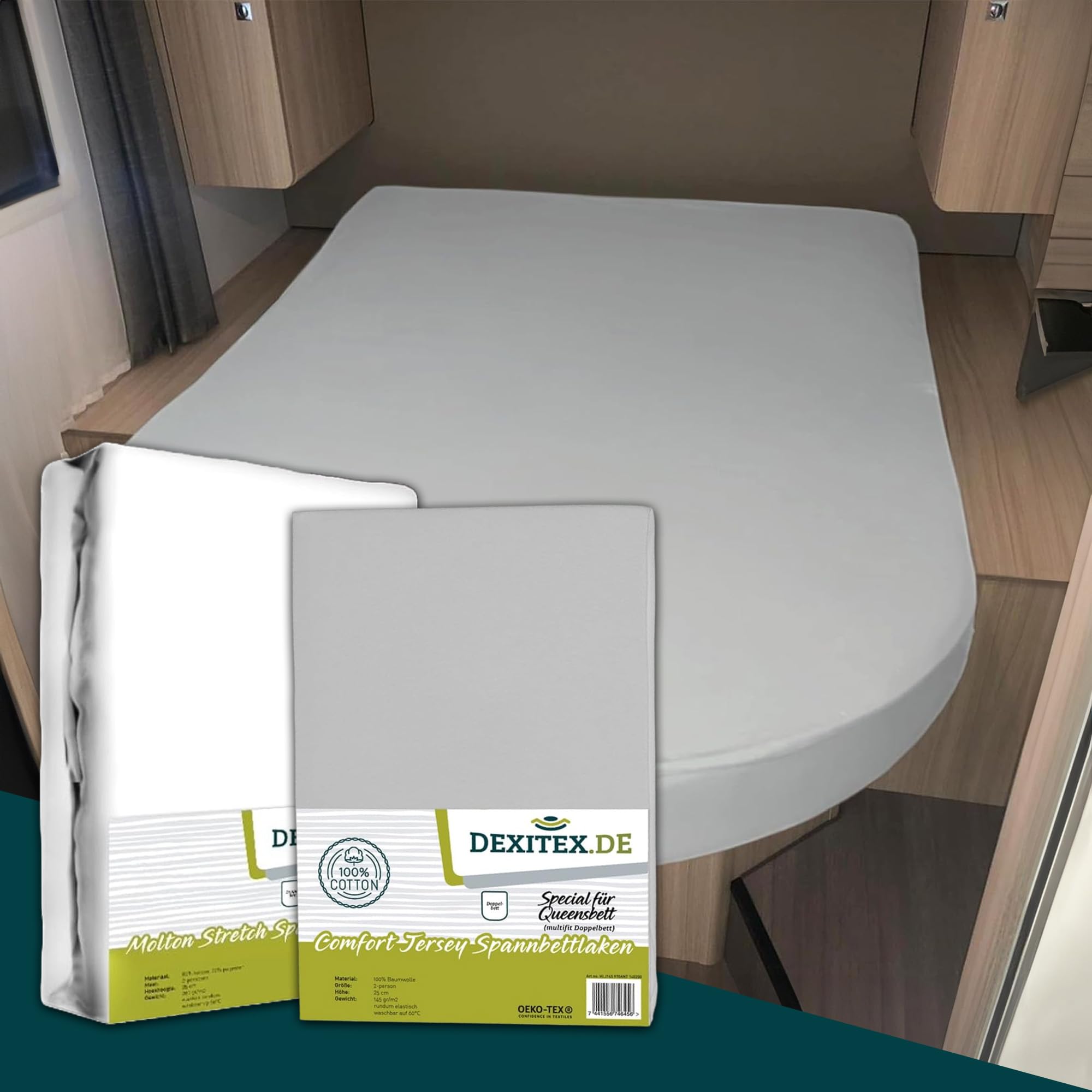 Bettlaken Queensbett-Wohnmobil 2er Set - 1 Molton und 1 Spannbettlaken Grau(135-160cm x 210cm) für Wohnmobil oder Caravan - 100% Baumwolle -Oeko-TEX -
