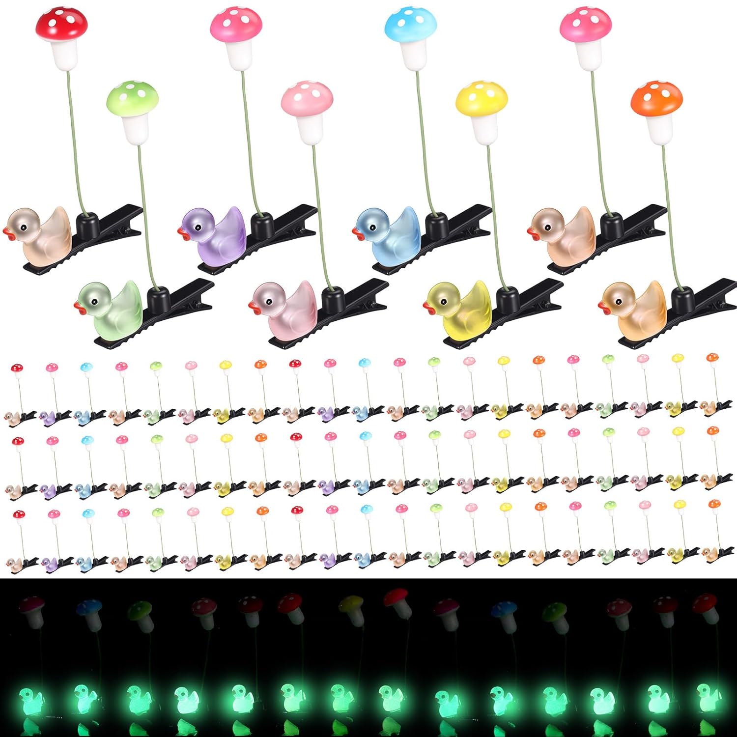 Tigeen 100 Pcs Duck Hair Clip with Bean Sprout Mushroom Glow Rave Trinkets Music Festival Gift Sprout Hairpins Holiday Spring Easter Funny Plant Flower Hair Accessories for Women (Duck,Mushroom)