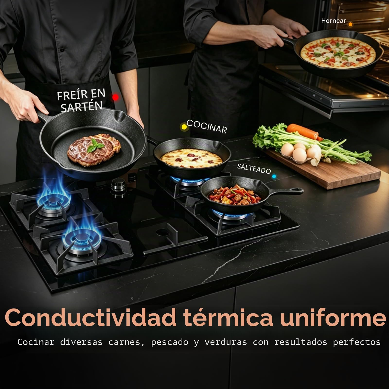 Juego de 3 sartenes de hierro fundido aptas para cocinas de gas, eléctricas y de inducción. Incluye: pequeña (6 pulgadas), mediana (8 pulgadas) y grande (10 pulgadas)