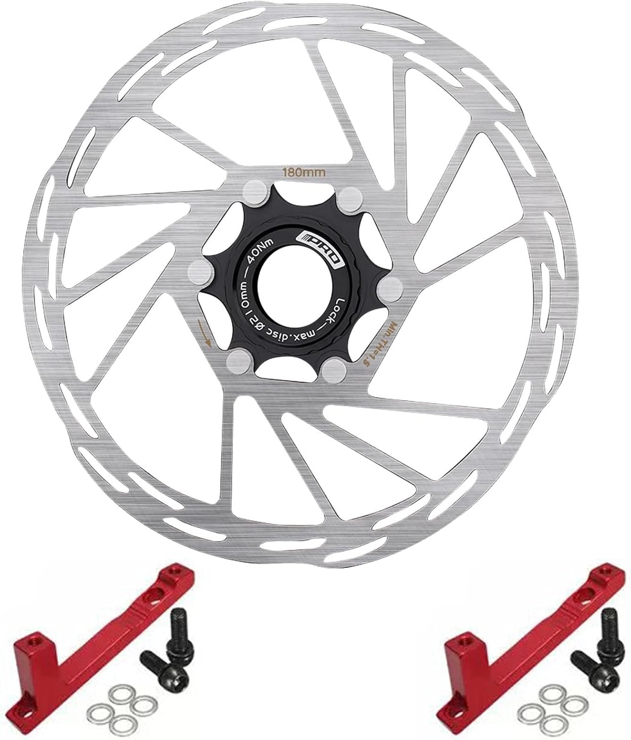 BUCKLOS PM Front Rear 180mm Red Disc Brake Caliper Mount Adapter Gear Parts Accessories and 180mm Bike Centerlock Disc Brake Rotor