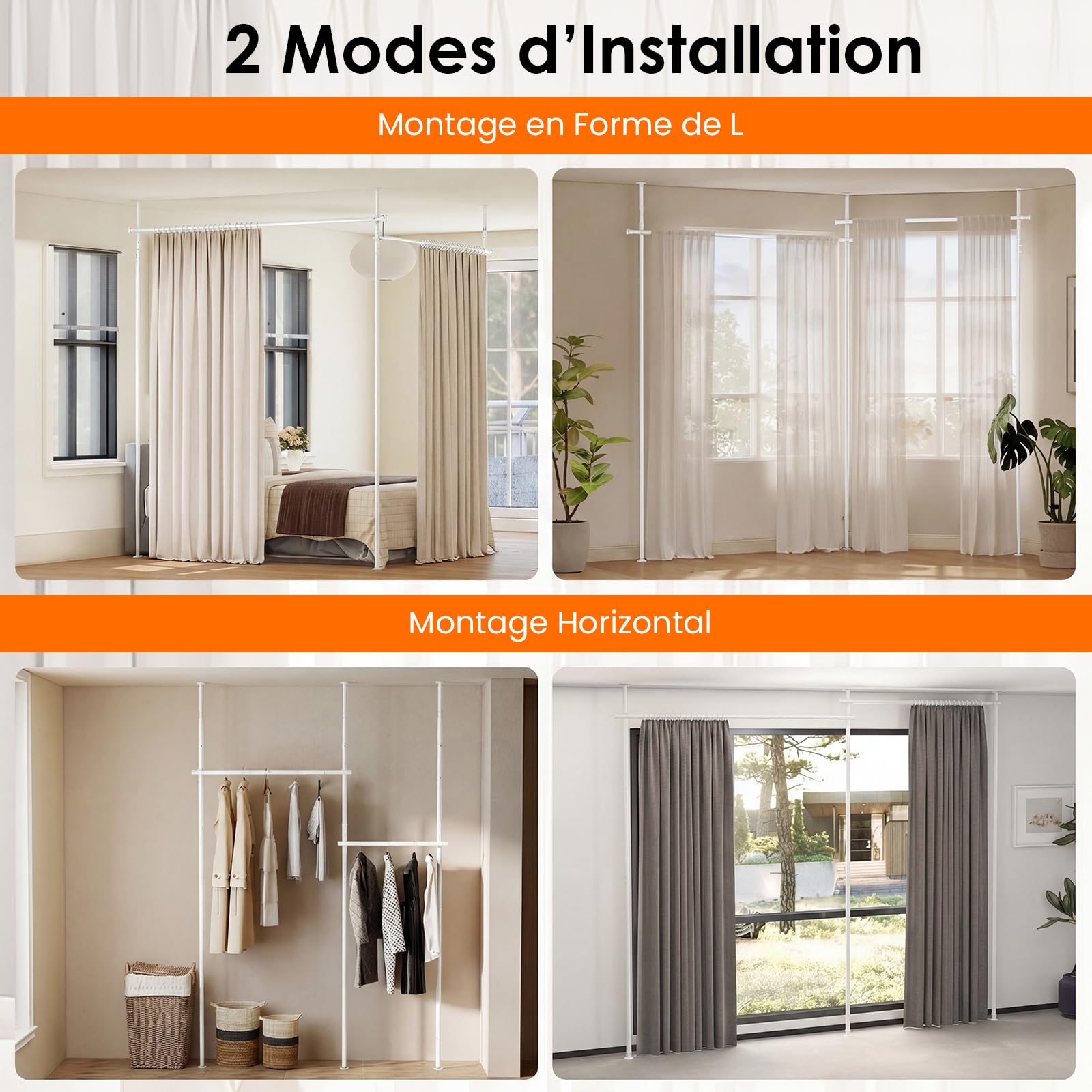 COSTWAY Tringle à Rideaux Verticale Sans Percage Extensible, Réglable Hauteur 120-314 cm x Largeur 73-360 cm, Séparateur de Pièce, Tringle Rideau Brise-vue pour Chambre, Bureau, Salon, Blanc