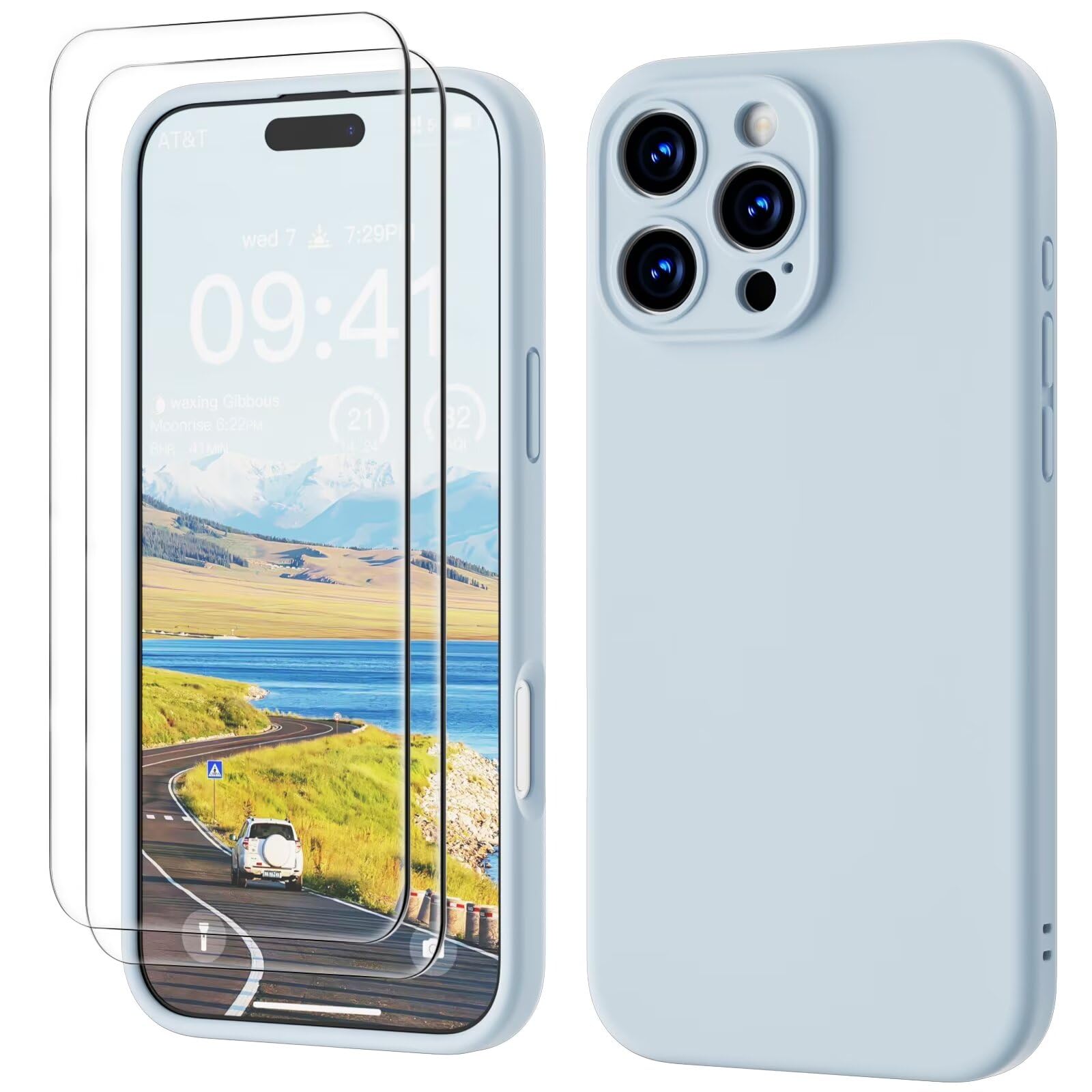 GOODVISH 3 in 1 Silicone Cover per iPhone 16 Pro Max 6.9", Custodia con 2 Pellicola Vetro Temperato [Protezione Fotocamera] Protezione Anticaduta Case per Cellulare Antiurto Resistente, Cielo Blu