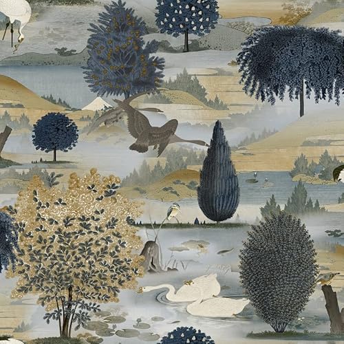 SOPHIE LAURENCE Swan Lake Navy, Ochre Nature Wallpaper for Bedroom Decor, Wallpaper for Living Room Decor, Dining Room Decor, Wall Paper Paste, 10m Wall Paper Roll for Interior Design
