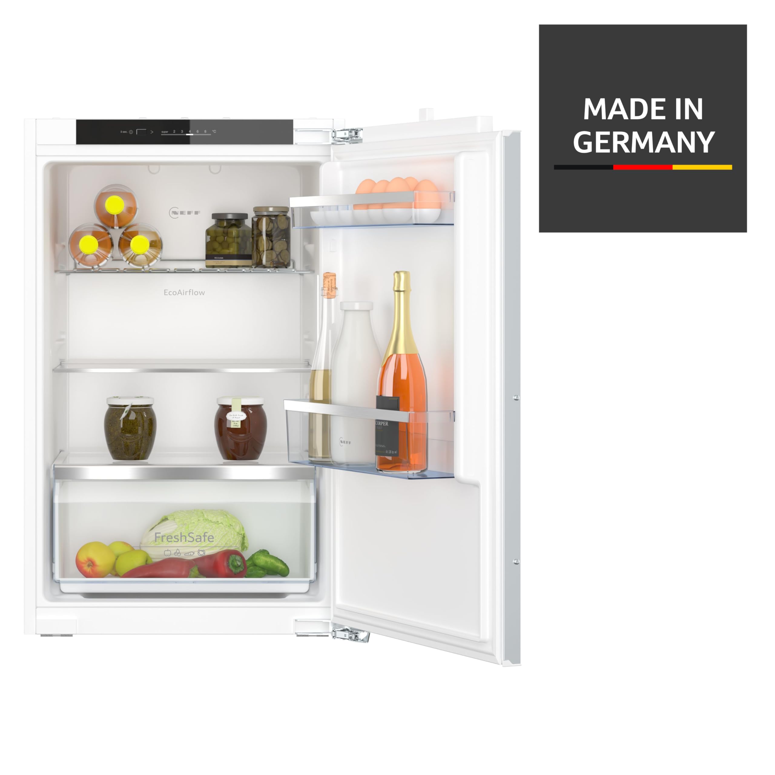 NEFF KI1212FE0, N 50, Einbaukühlschrank, 88 x 56 cm, 136 L Kühlen, Made in Germany, Leise, Sicherheitsglas, FreshSafe Schublade, Eco Air Flow für konstante Innentemperatur, Flachscharnier | Made in Germany, 136 L Kapazität, Fresh Safe Box für knackiges Ge