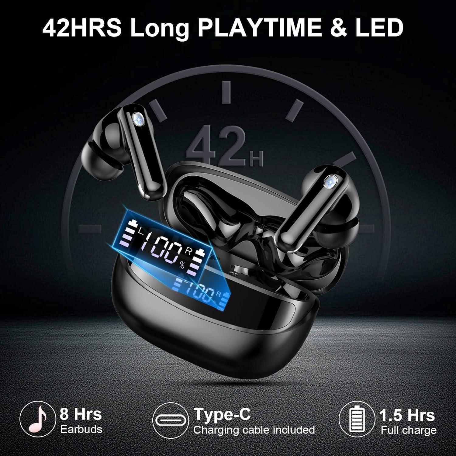 Auriculares Inalambricos Bluetooth 5.4, Auriculares Bluetooth HiFi Estéreo con HD Mic, Auriculares in ear IP7, Mini Cascos Inalambricos con LED Pantalla, Reproducción de 8H, para Deportivos Trabajos