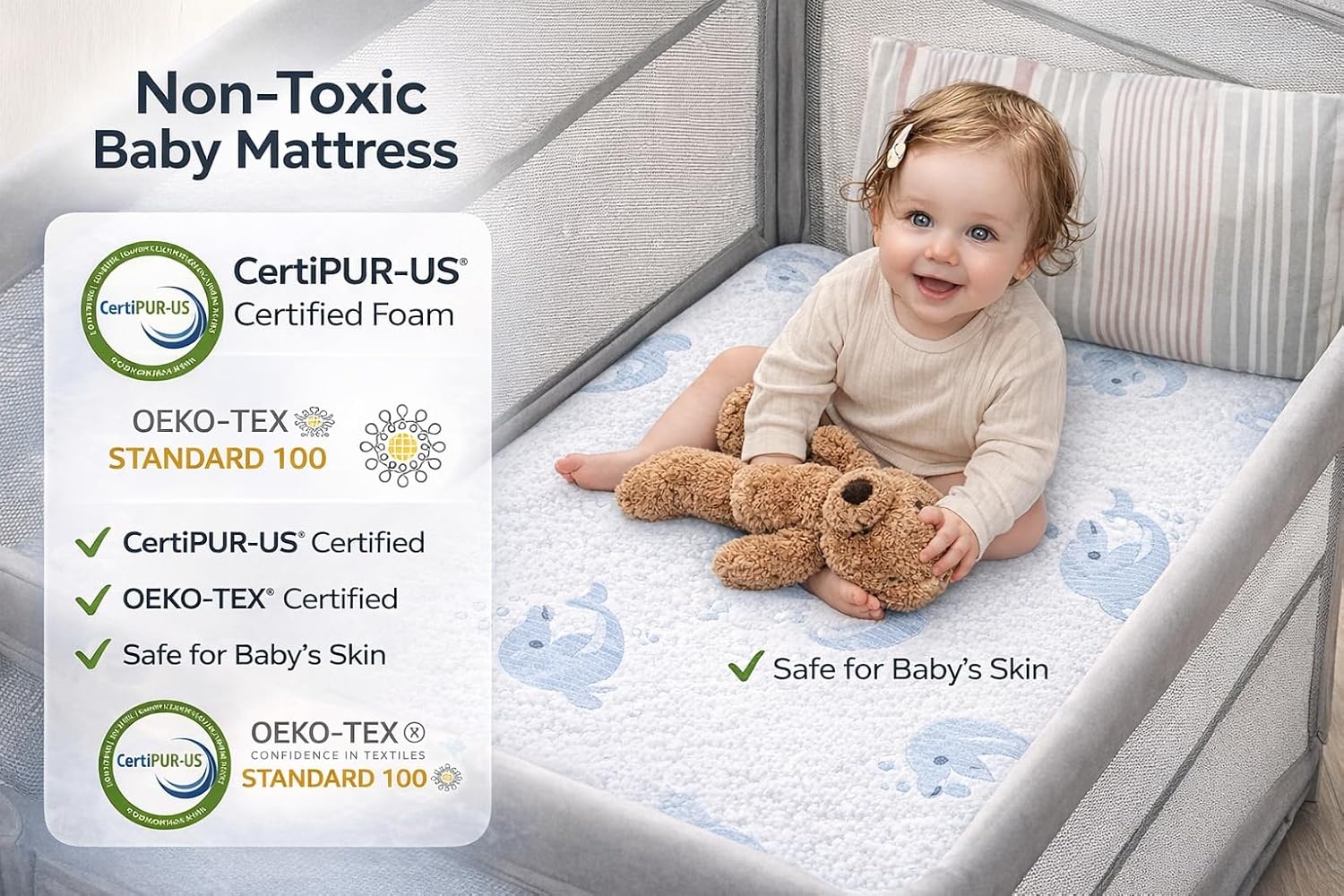 Dual Sided Pack and Play Mattress, 38"x26"x3.02" CertiPUR-US Certified Memory Foam Baby Mattress, Anti-Slip Base, Removable Washable Cover, Breathable Gel Foam for Toddlers, Portable Ivory White