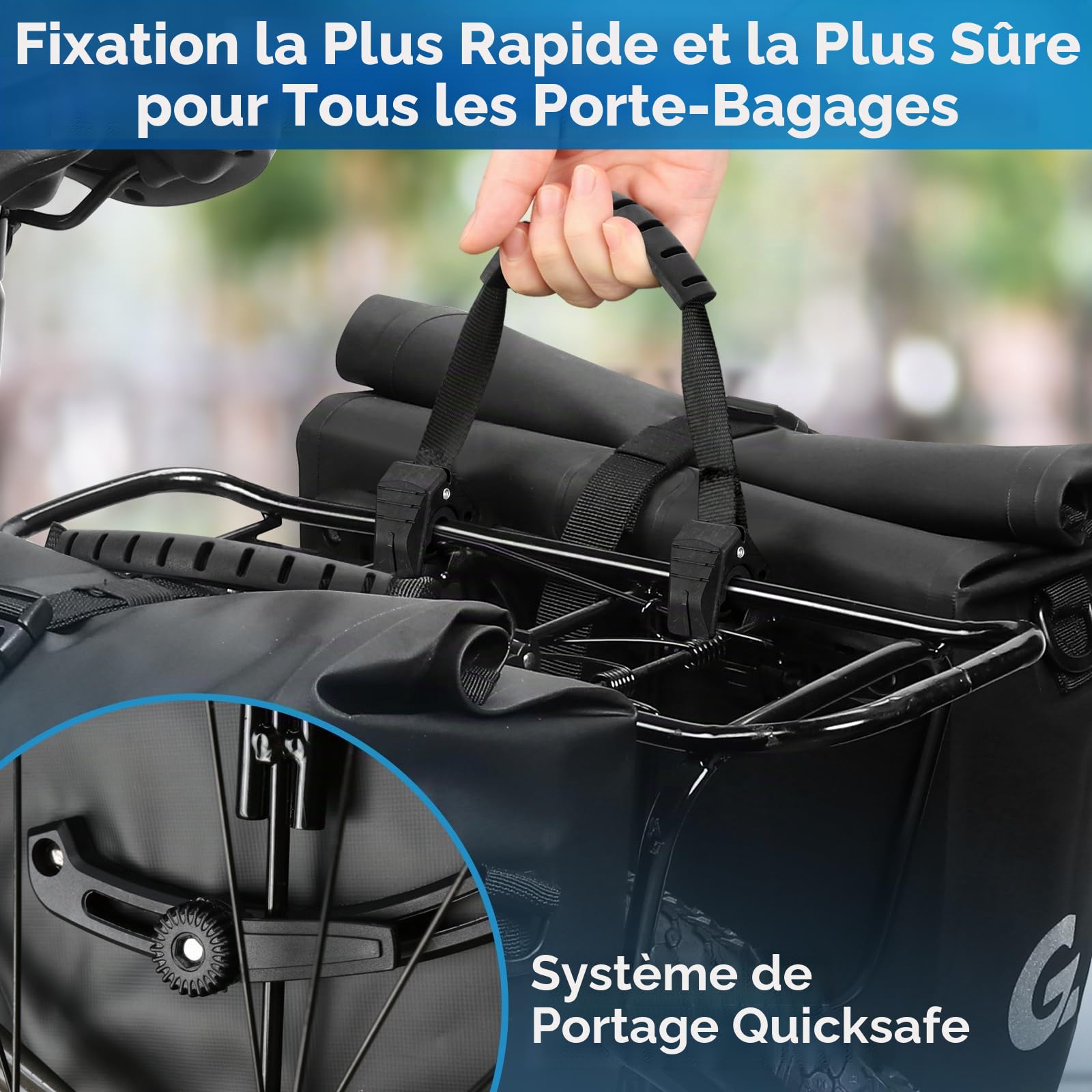 GUOOTU Lot de 2 sacoches de vélo 48 l en bâche pour porte-bagages arrière avec réflecteurs, poignée de transport et bandoulière (noir, 24 l, lot de 2)