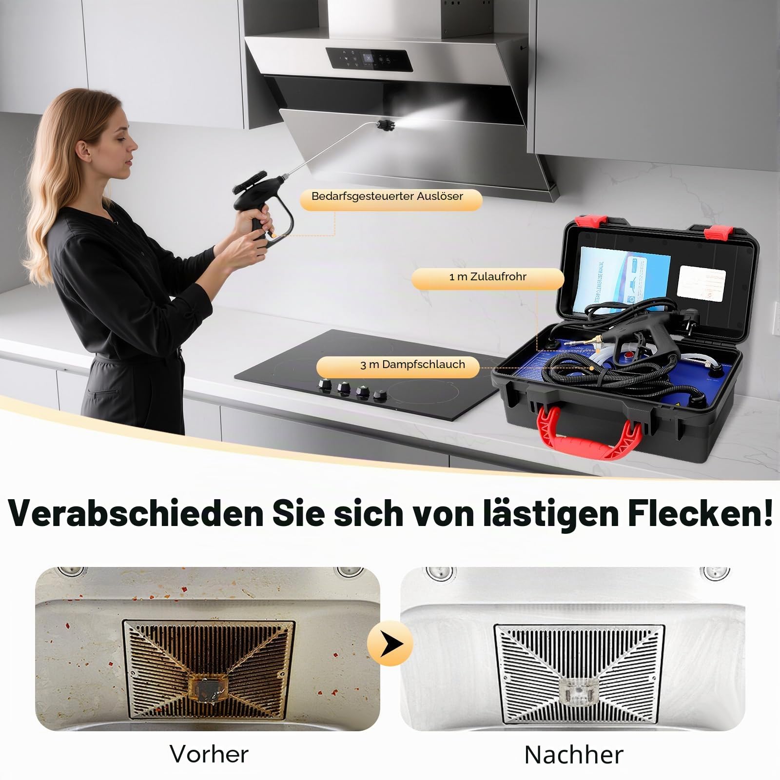 3000W Hochdruck Dampfreiniger|3-5 Bar 220V Haushalt Dampfreiniger Küche Hochtemperatur 100-130℃ für Dunstabzugshauben, Kühlschränken, Sofas, Klimaanlagen (Automatische Düse)
