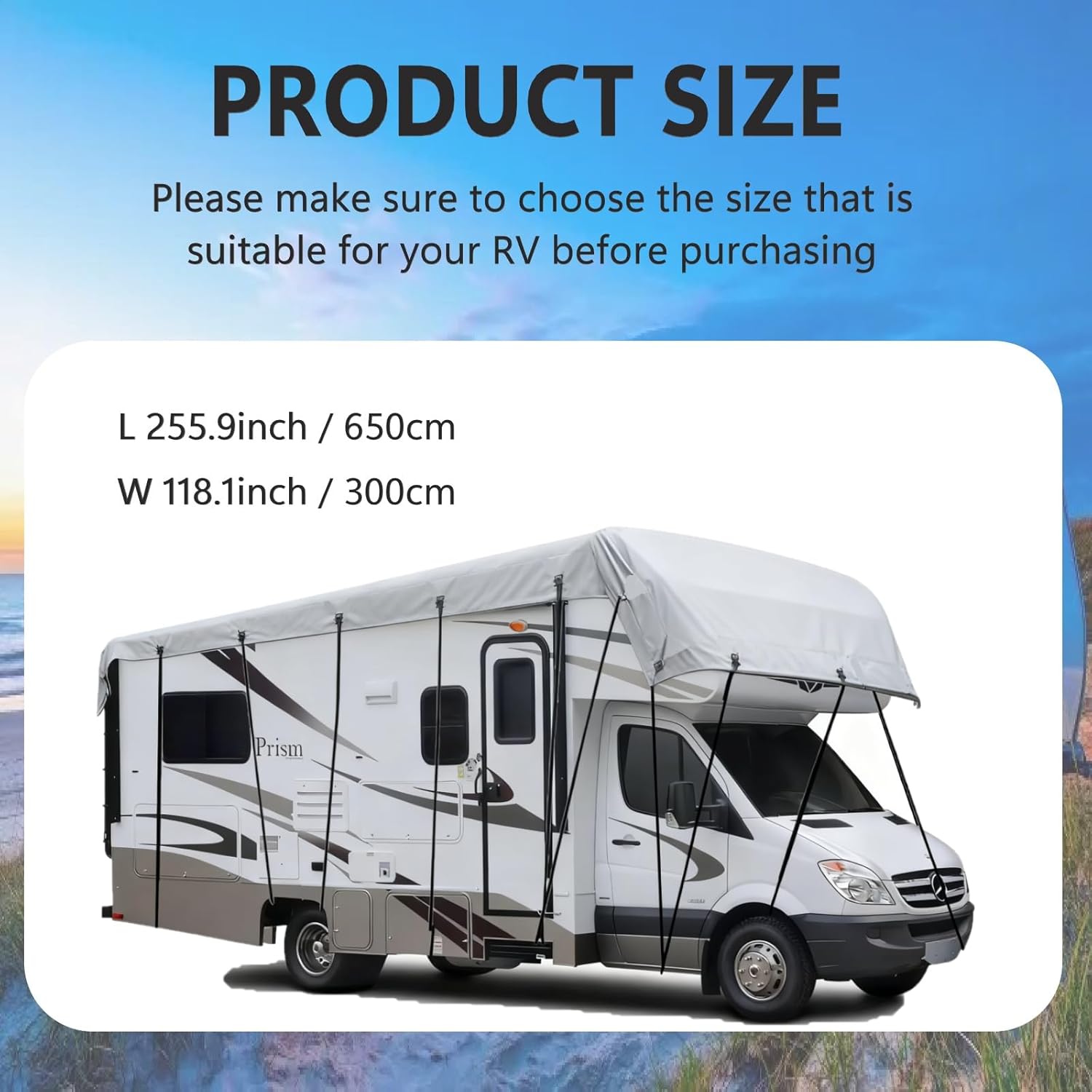RV Caravan Roof Cover, 255.9" x 118.1" / 6.5m x 3m 210D Oxford Cloth Waterproof Travel Trailer Cover UV Protection Foldable Dustproof Van Motorhome Roof Protection Tarpaulin with Straps and Buckles