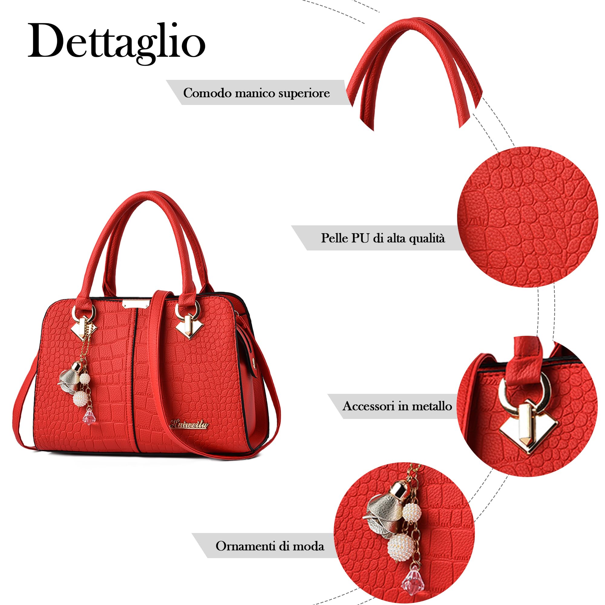 Borsa Donna Borsa a Mano - Media Moda Ornamenti Multitasche Pelle PU Impermeabile Leggera per Lavoro Quotidiano Viaggio Casual Shopper Rosso Ciliegia