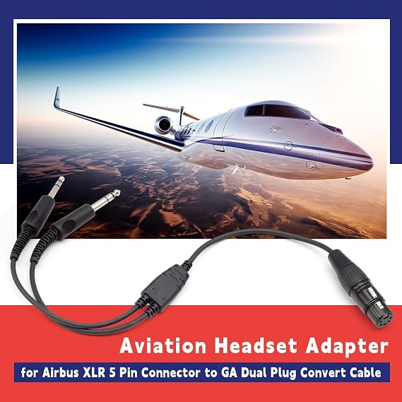 Upgraded Aviation Headset Adapter Cable for Airbus XLR 5Pin Connector to General Aviation GA Twin Plug Female Jack Pilot Aviation Headphone Cable Black