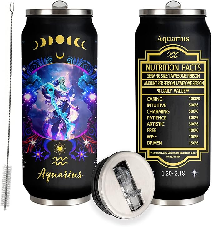 Aquarius Constellation Tumbler - Zodiac Stainless Steel Cup for Men Women - Astrology Fans Birthday Gift With Straw Lid - 17 Oz Coffee Mug Car Cup