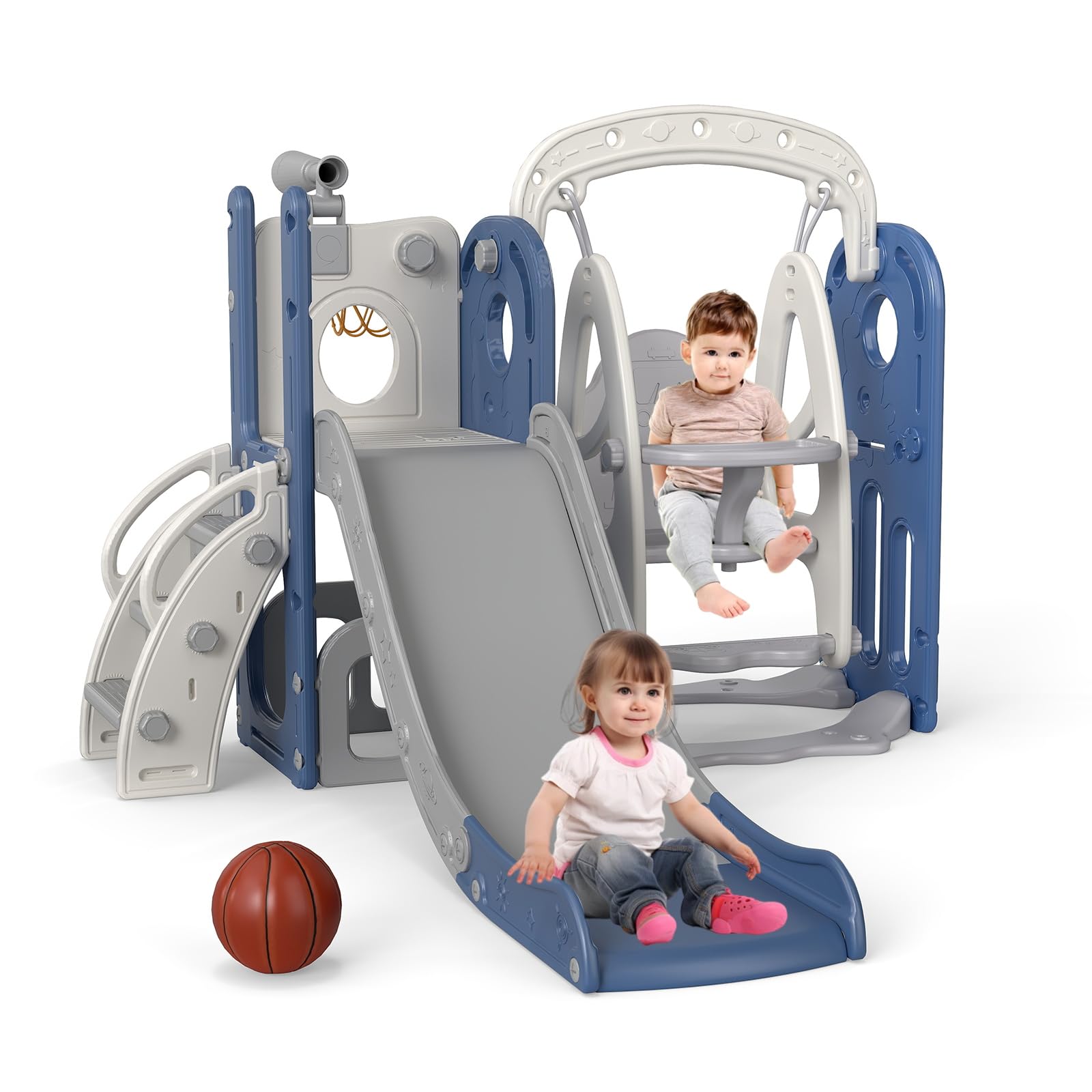 kinbor Toddler Swing and Slide Set - Indoor Outdoor Baby Slide for Toddlers 1-3, Toddler Playground with Basketball Hoop & Storage – Safe, Sturdy Kids