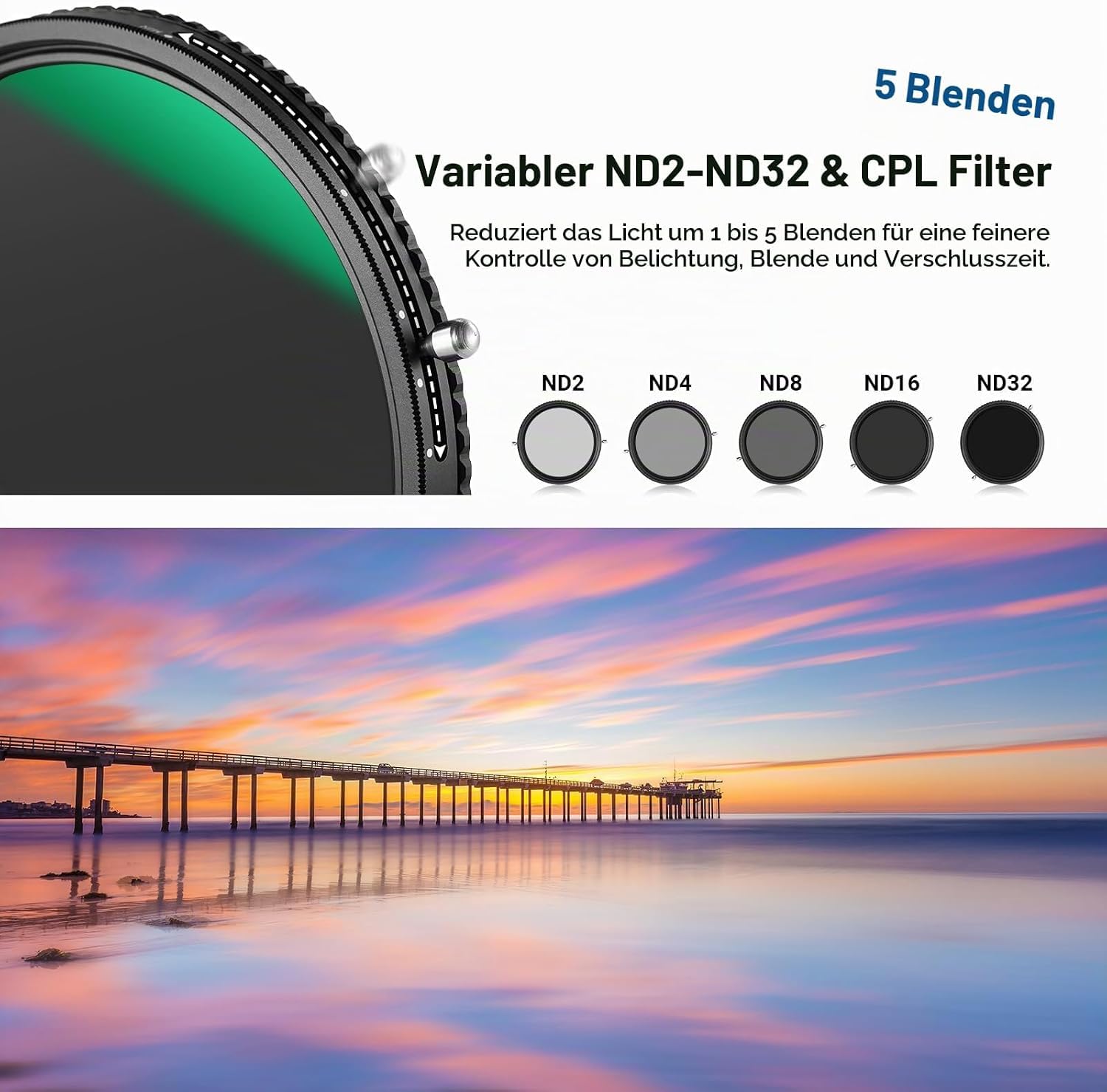 Neewer 2 in 1 58mm Variable ND Filter ND2-ND32&CPL (Zirkular Polfilter) No X Cross Variabel Graufilter HD optisches Glasagiges Nano beschichtetes wasserabweisend Kratzfest – Bild 5