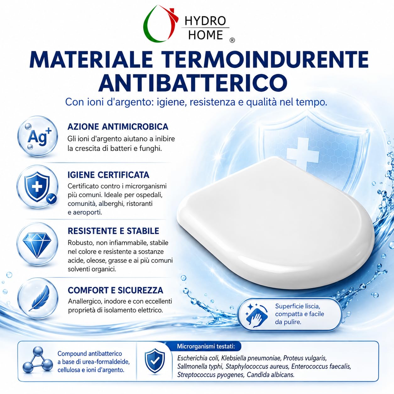 HYDRO HOME Copriwater Compatibile Esedra Ideal Standard Soft Close per Fori Ciechi, Sedile WC Termoindurente Bianco, Tavoletta Avvolgente con Cerniere Regolabili, Ricambio Bagno