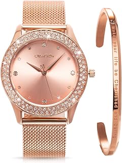 Womens Wrist Watch Crystal Mesh Stainless Steel Belt Ladies Quartz Diamond Classic Fashion Romatic + Jewelry Cuff Bracelet Set